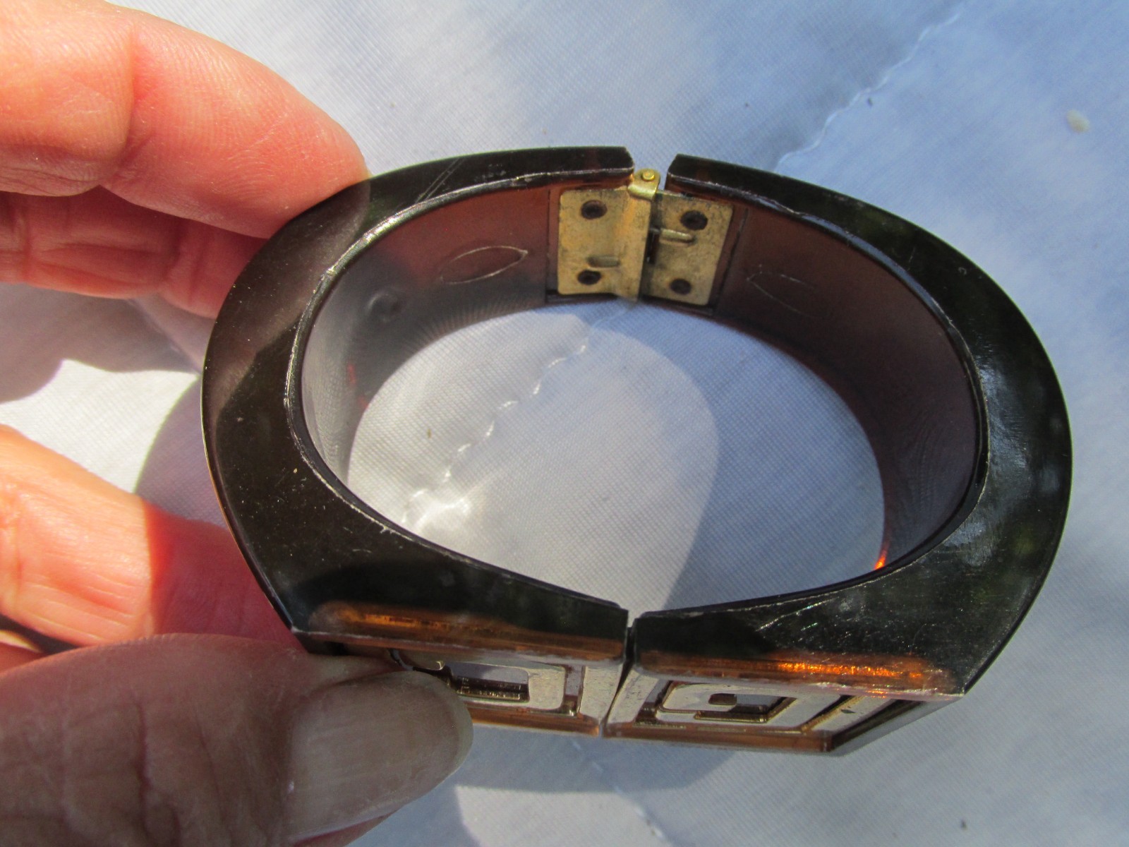 Vintage Lucite Clamper Bracelet GC Initials Brown 6.5″ Gold Plated Statement