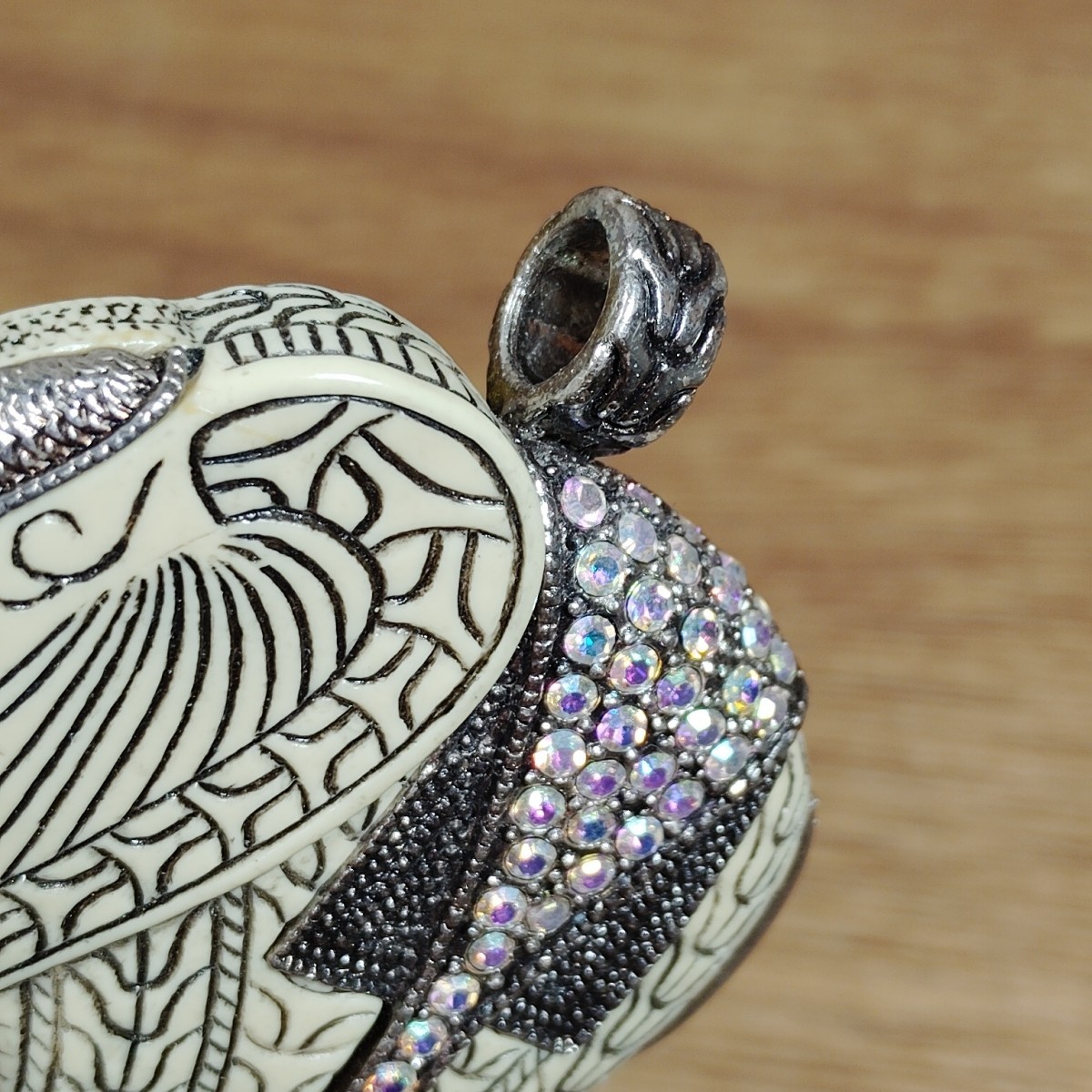 Carved African Elephant Pendant Rhinestones Silver Accents Large Jewelry