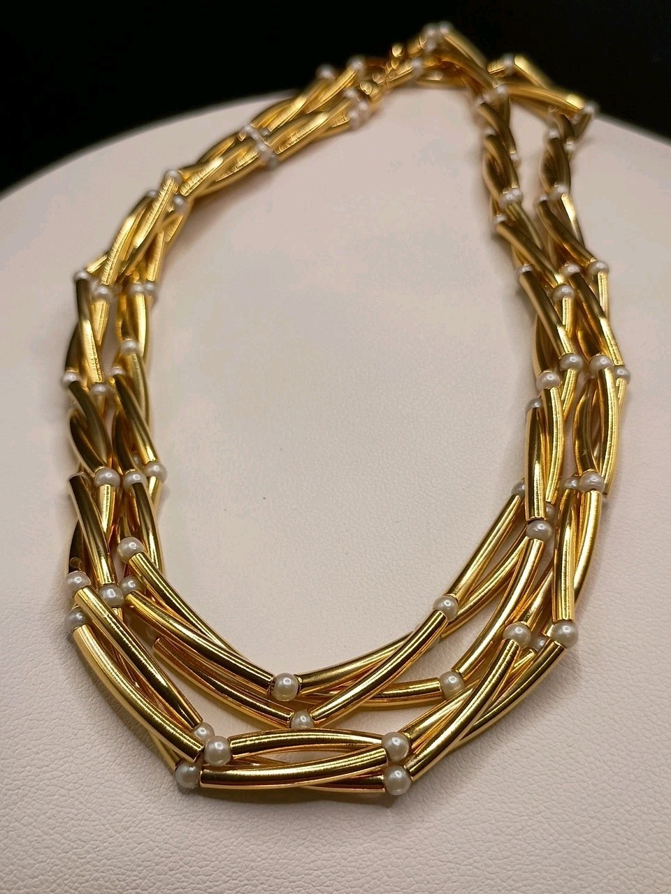 Vintage Gold Tone Bar Link Necklace Multi Strand Twist Seed Pearl 29″