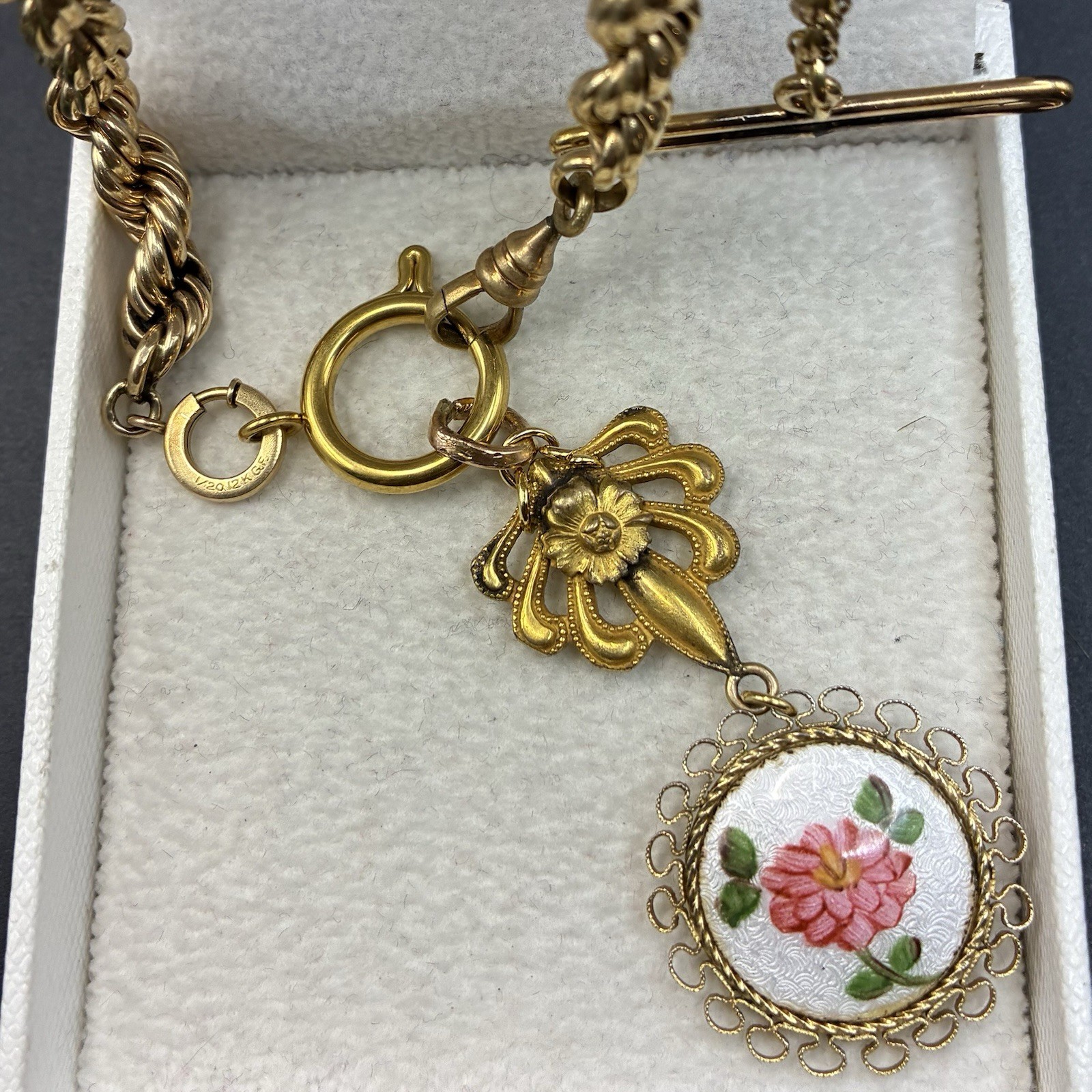 30g Vintage 12k Gold Filled Pocket Watch Chain FOB, Dog Clip T-Bar, GF Guilloche