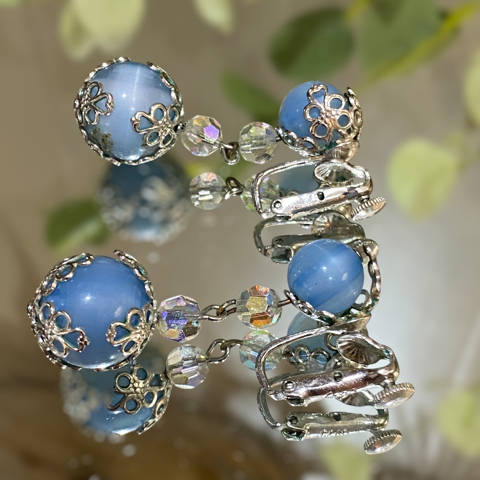 Vintage Coro Signed Blue Silver Beaded Drippy Drop Clip Earrings Filigree