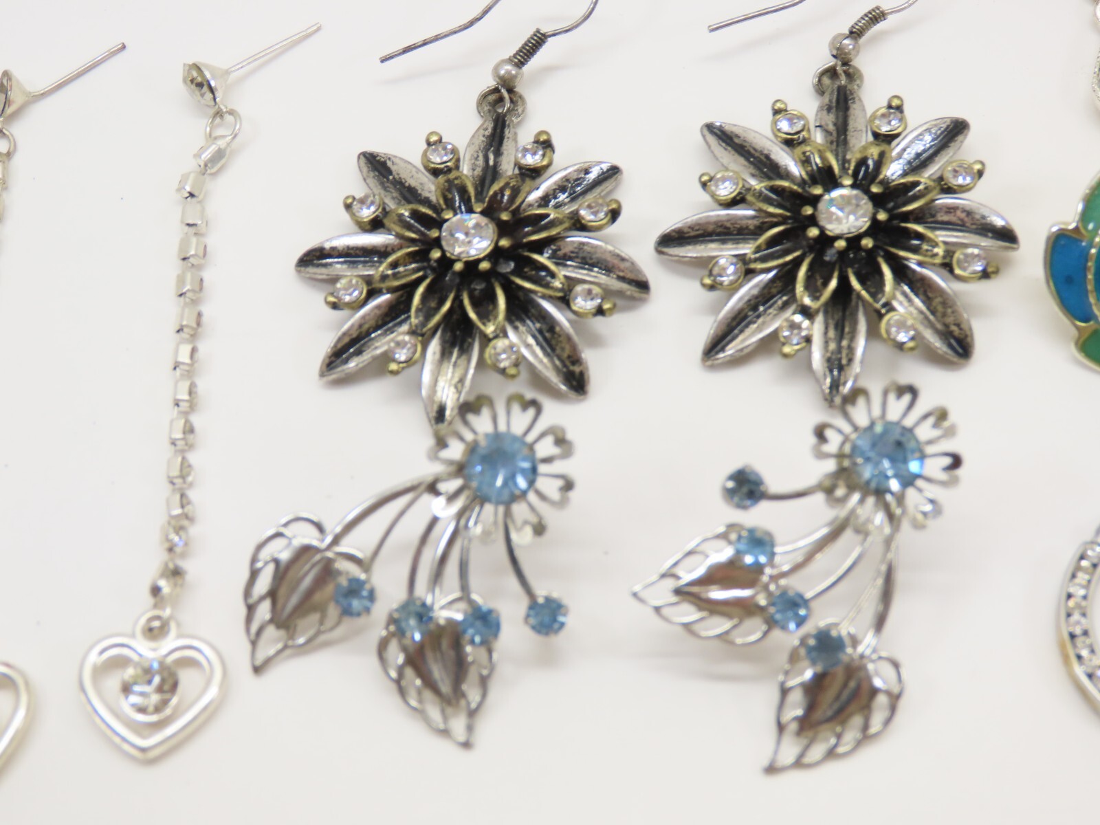VTG Dangle Earrings Lot Pierced 1 Clip Silver Tone Blue Clear Rhinestones D2115