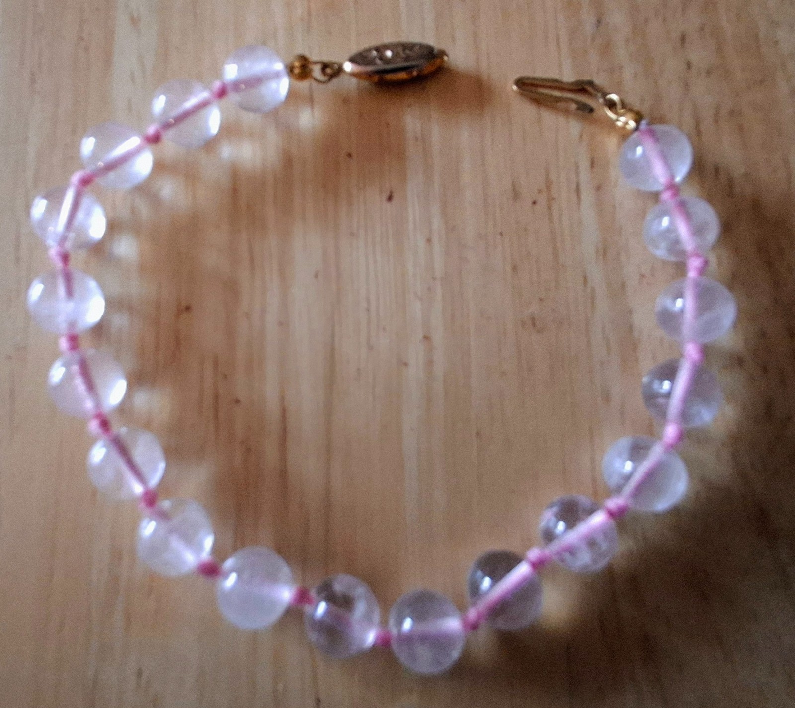 Vintage Jewelry Hand Knotted Rose Quartz Round Beads Bracelet Fishhook Clasp