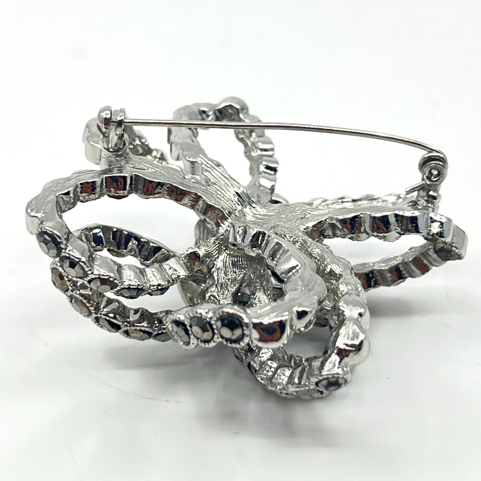 Brooch Vintage Silver Tone Layered Bow Smoky Rhinestone Statement Pin Accessory