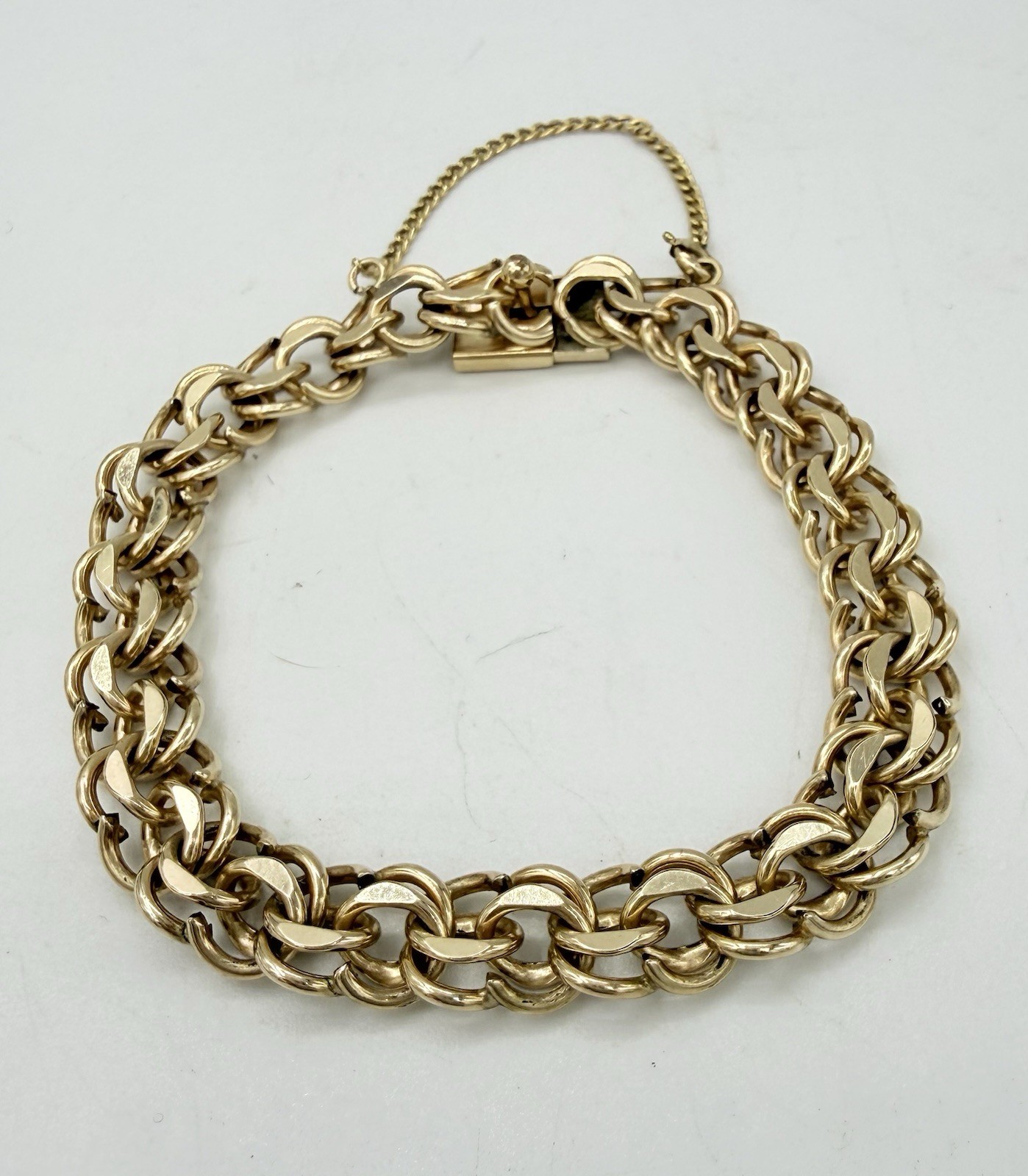 12K Gold Filled Vintage Double Link Charm Bracelet With Safety Chain 7.5in.