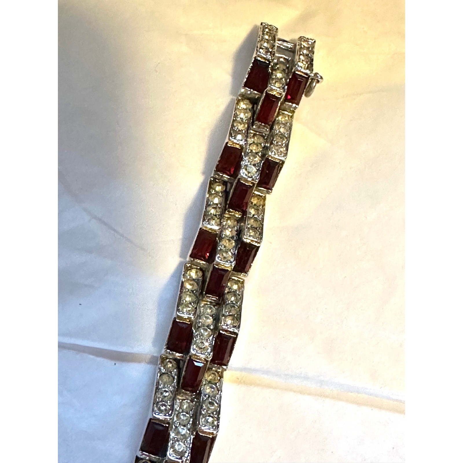 1950’s Mazer Bracelet Silver Tone w/ Red & Clear Rhinestones