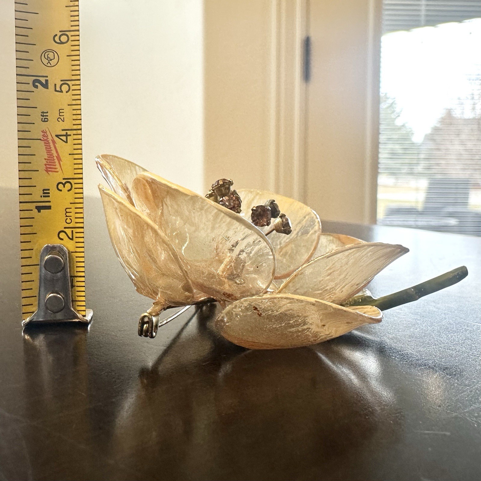Vintage Delicate Cellulose Acetate Rhinestone Flower Brooch