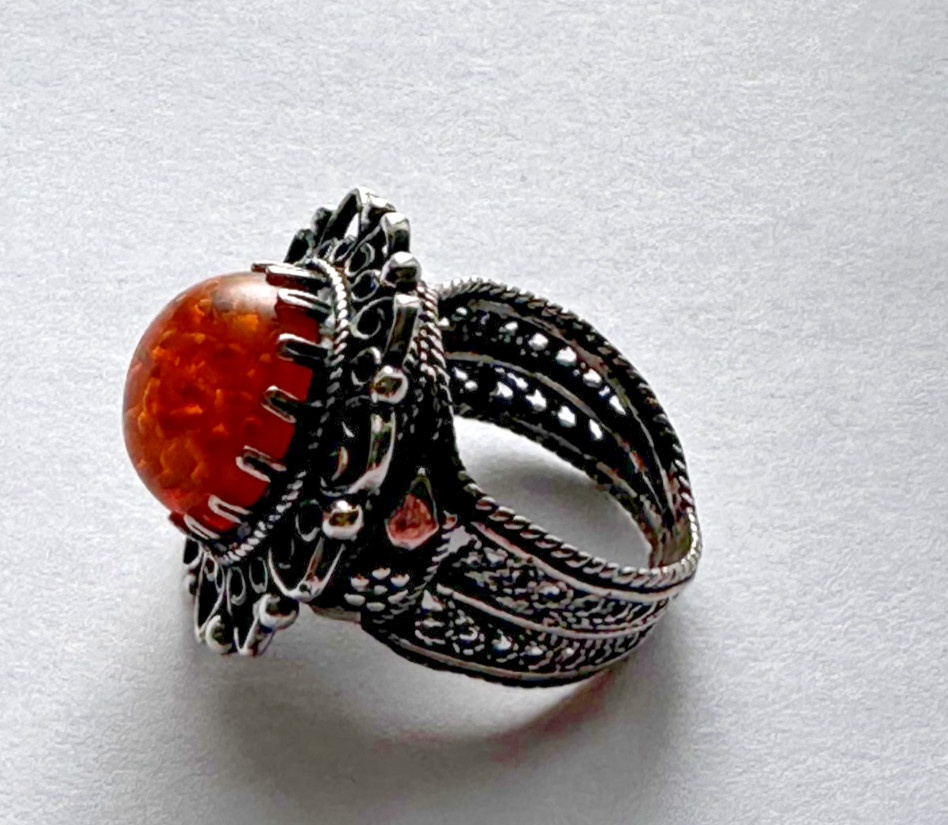 Vintage Silver Amber Flower Cabochon Filigree Statement Ring Size 5