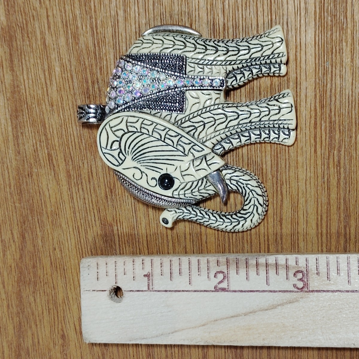 Carved African Elephant Pendant Rhinestones Silver Accents Large Jewelry