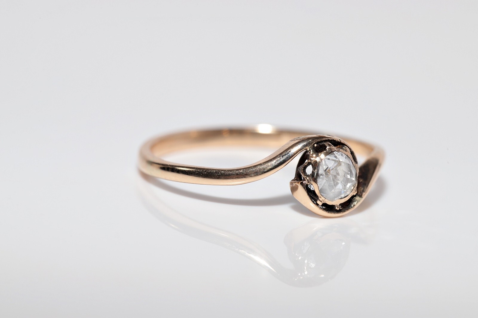 Antique Circa 1900s Handcrafted 14k Gold Natural Rose Cut Diamond Solitaire Ring