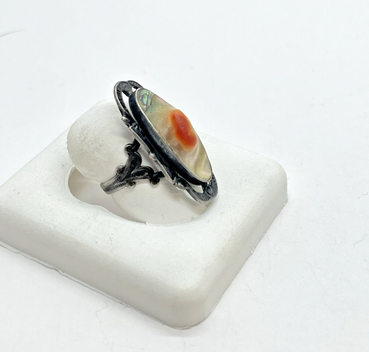Vtg Art Nouveau Mother of Pearl Blister, Elongated Sterling Silver Ring 4.5 size