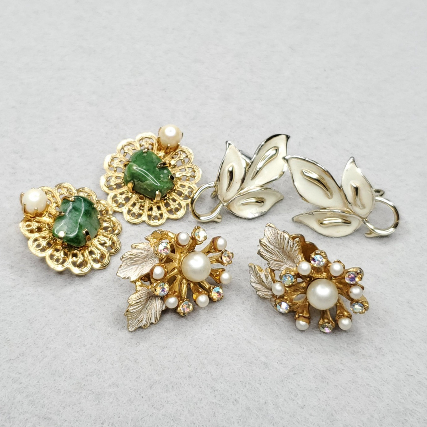 Vintage Clip On Earring Lot Gold Tone Kramer Coro BSK Rhinestone Faux Pearl 3 pr