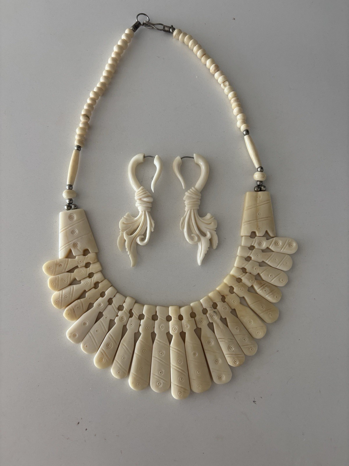Vintage Tribal Style Carved Ivory Necklace & Earrings Set
