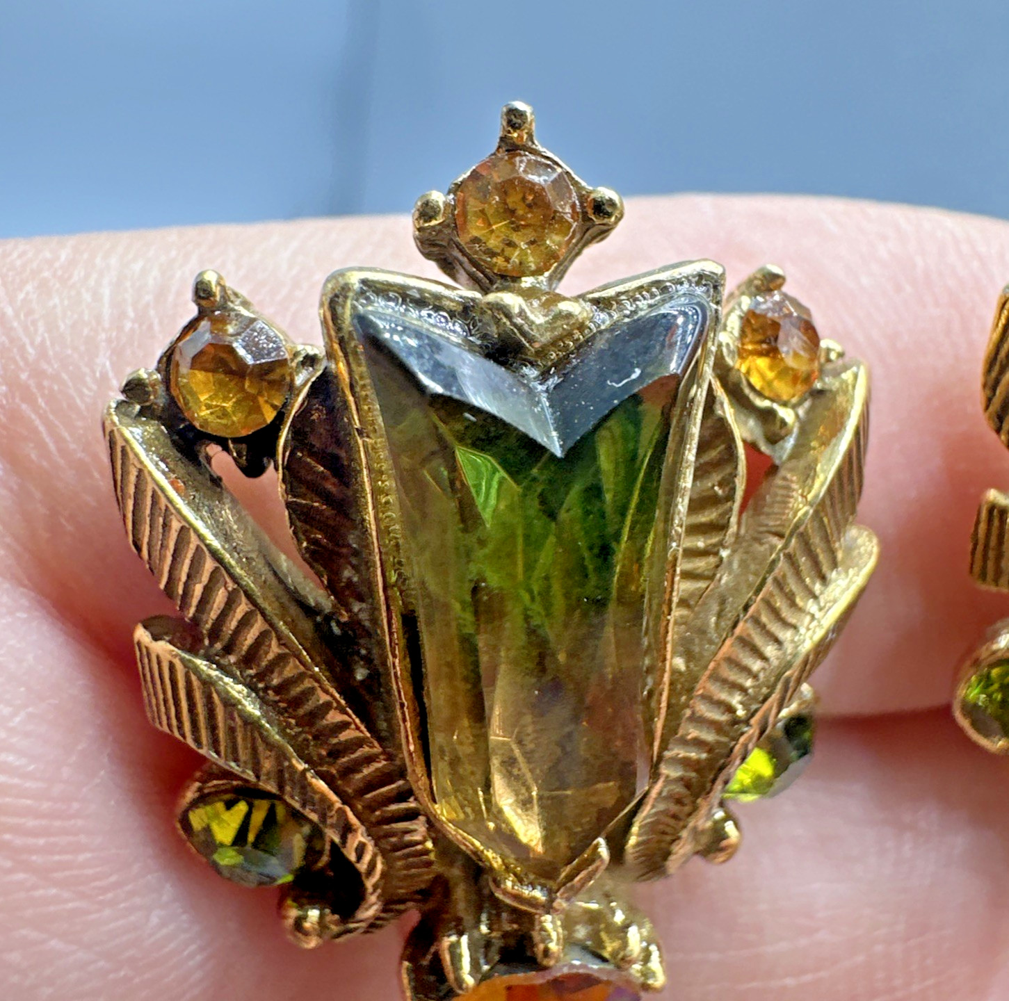 Vintage Florenza Aurora Borealis Earrings Gold Clip AB Rhinestone Art Glass