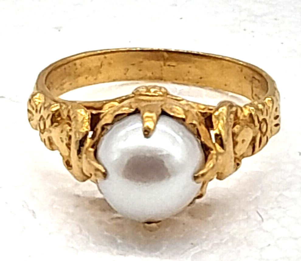 Vintage Stunning Solid 24k gold 8 mm Akoya Pearl claw bezel ring 6.4 g Size 7