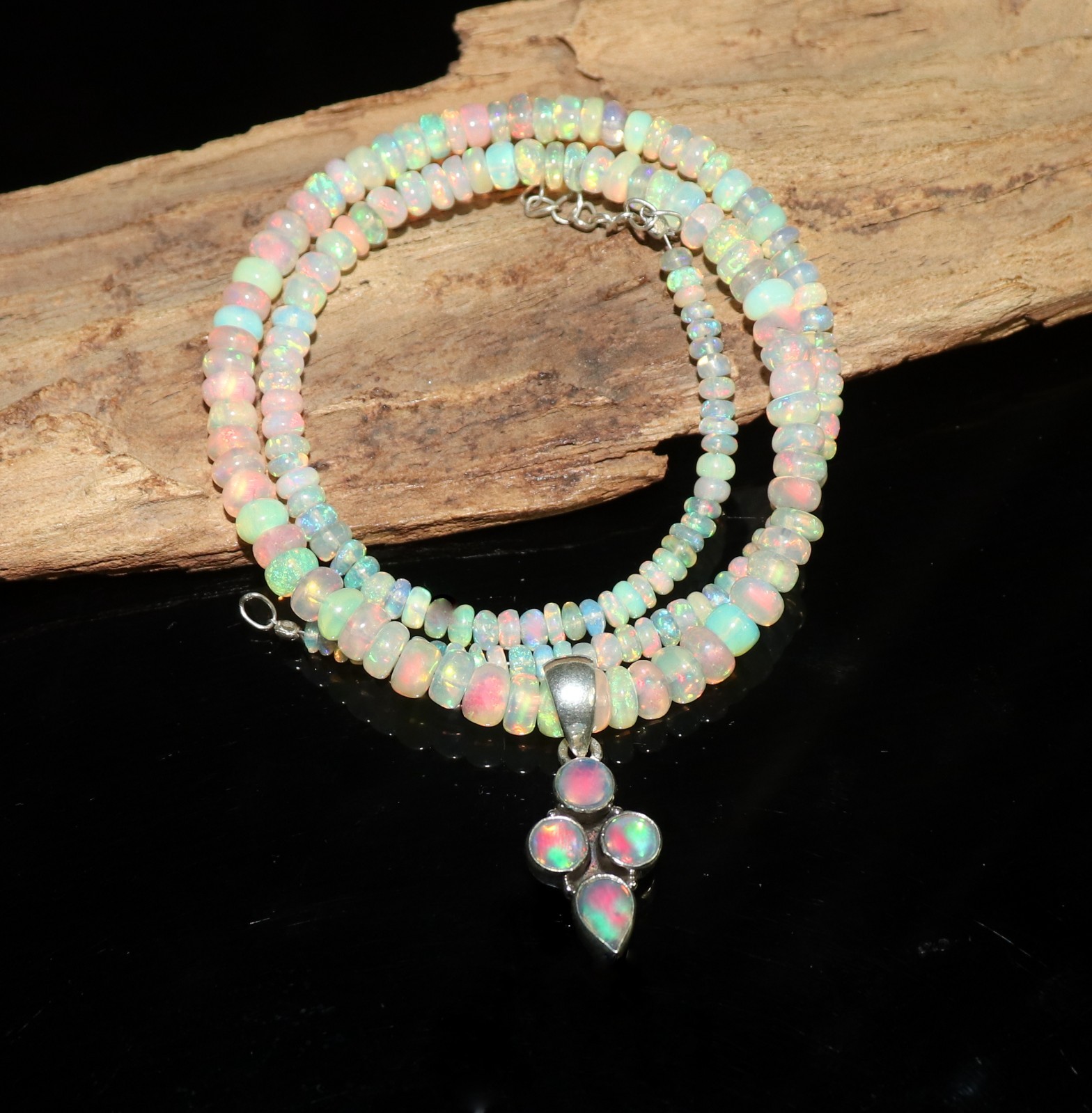 Natural Ethiopian fire opal beaded necklace with sterling silver opal pendant