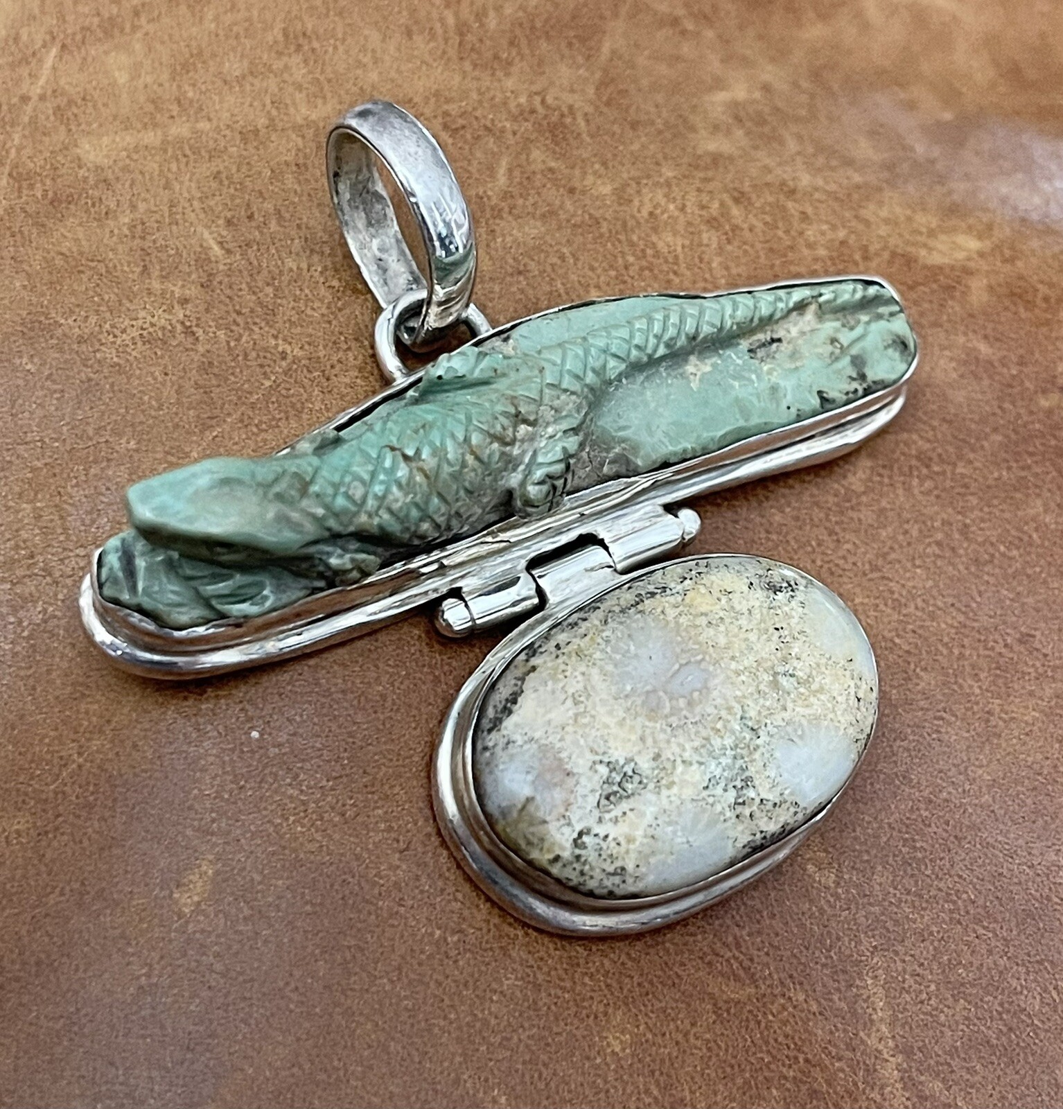 Vintage 925 Green Turquoise, Jasper Artist Created Lizard Motif Large Pendant