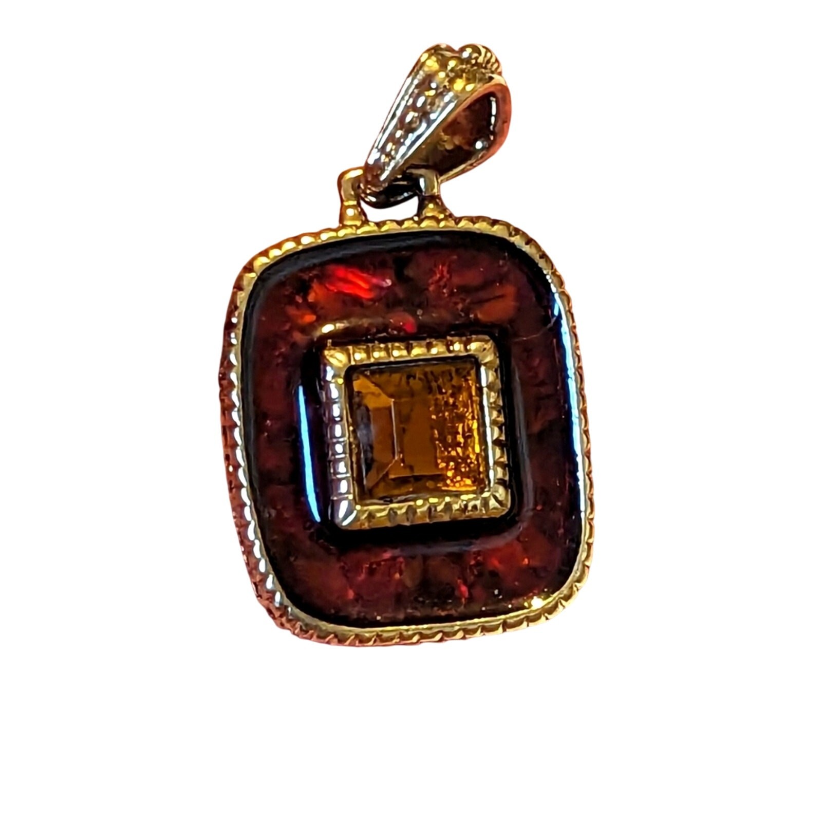 Vintage Liz Claiborne Rectangle Amber Rhinestone Silver Tone Necklace Pendant