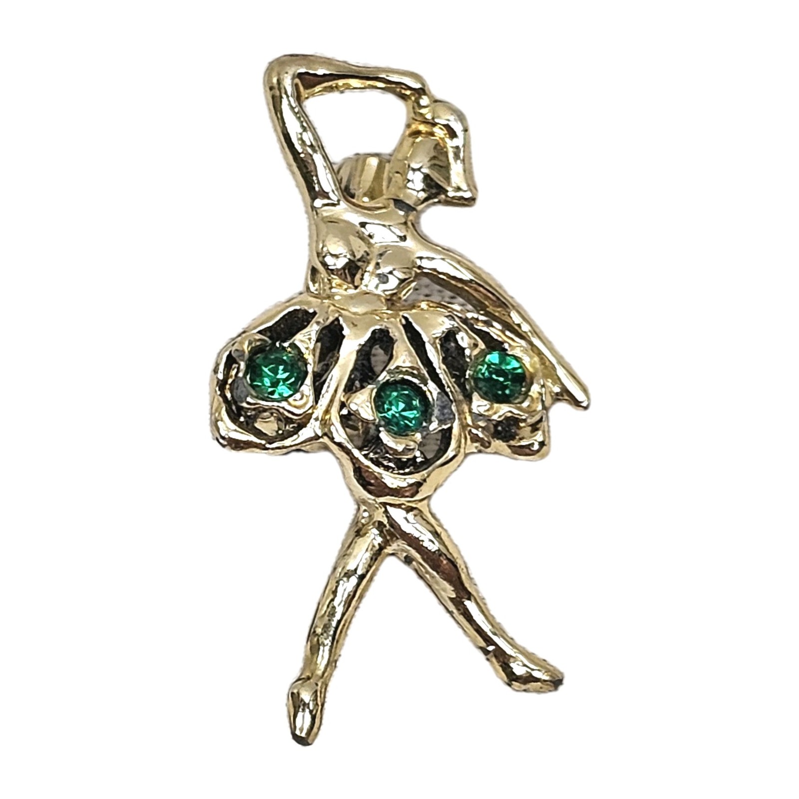 Vintage Gold Tone Green Rhinestone Ballerina Brooch 1 5/8″ Length
