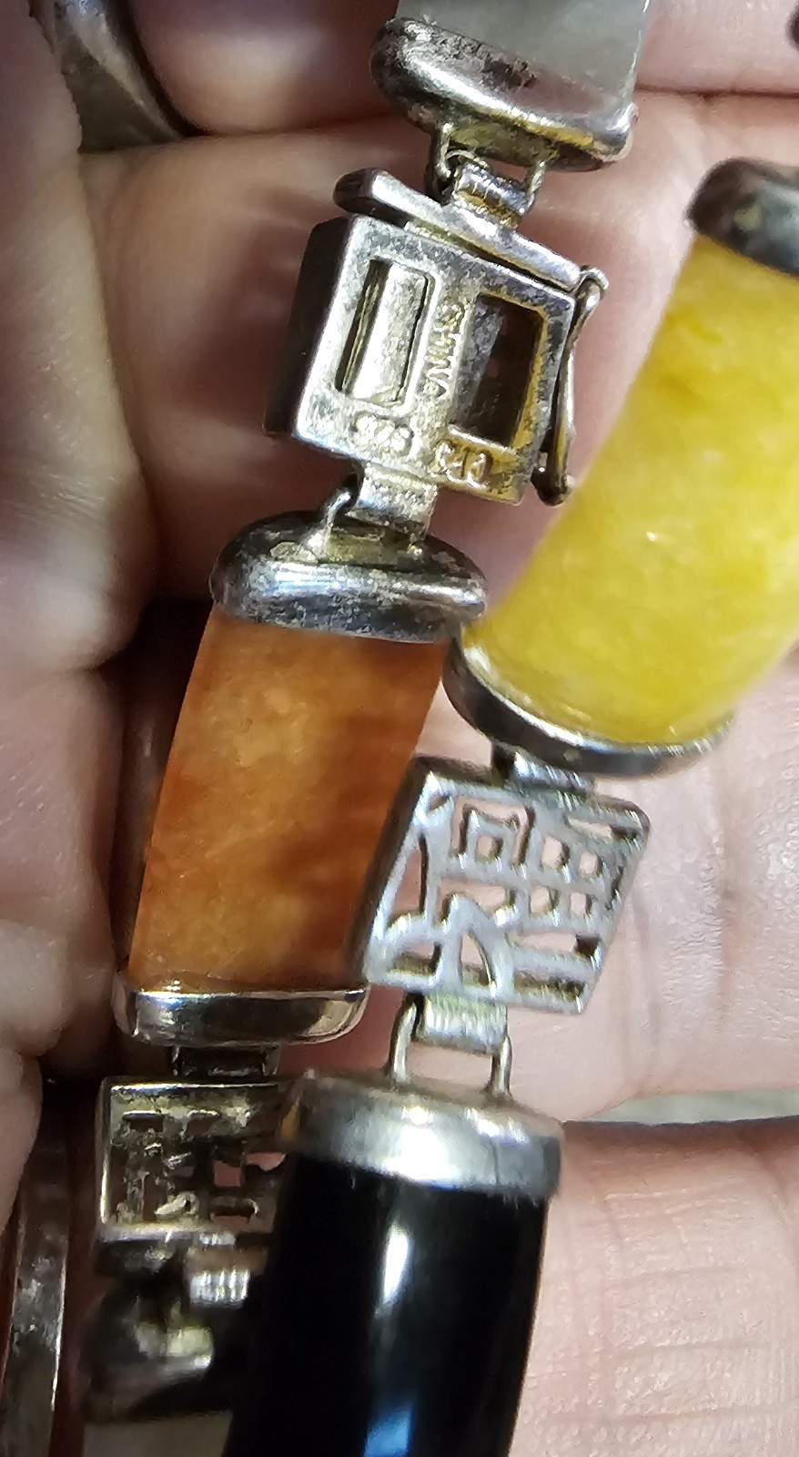 Vintage CFJ Manufacturing 925 Sterling Silver Jade, Black Onyx & Carnelian…