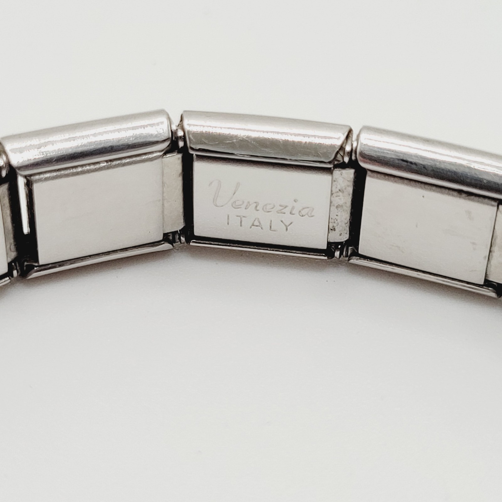 Vintage Italian Style Modular Stainless Steel Charm Bracelet w Mom USA Flag Dog