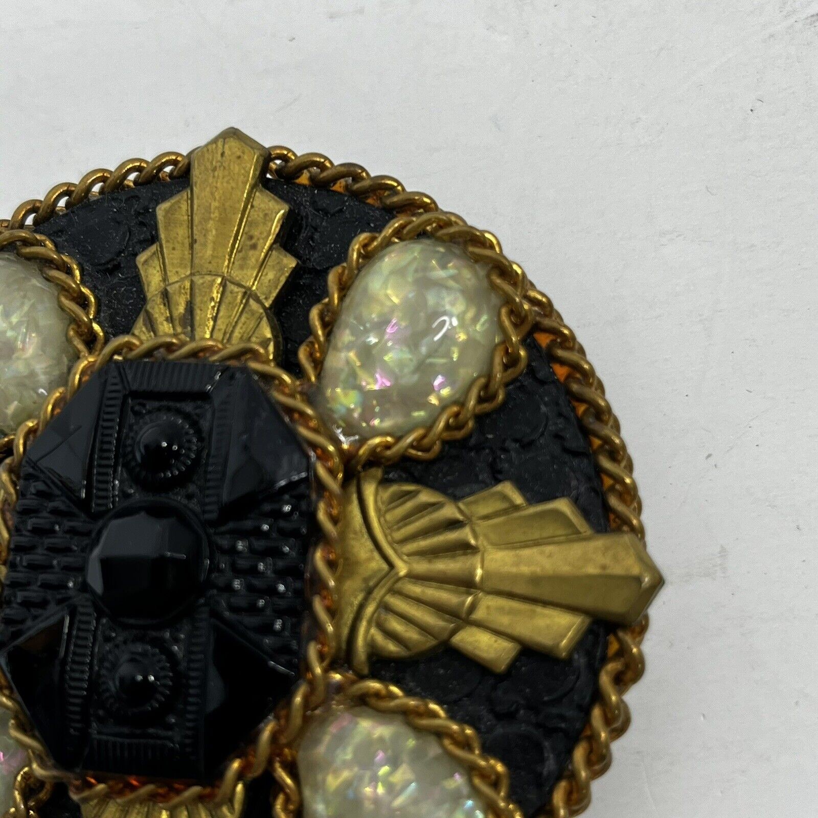 Stunning Vintage 1980s Signed Lazaro Neal Pin Brooch Black White Gold 3 in Round