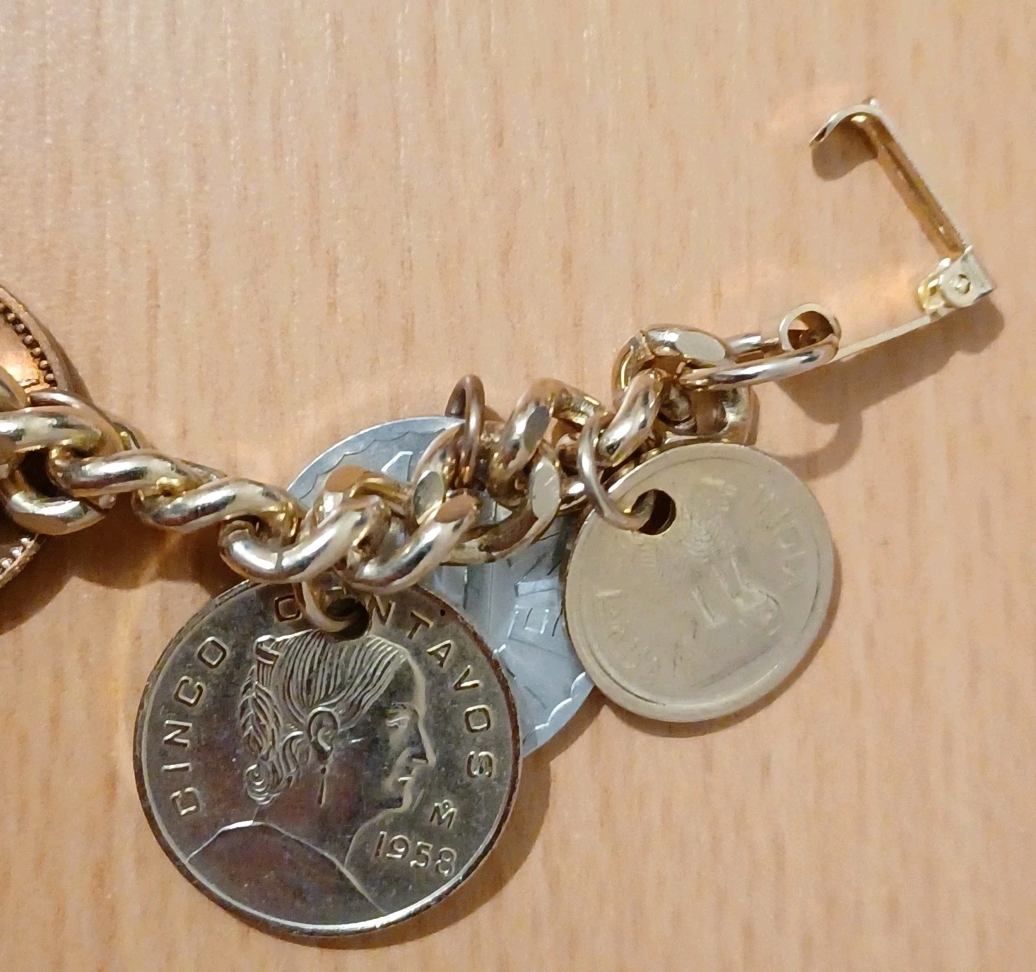 Vintage 14 Coin Bracelet Coins From Around The World 7”