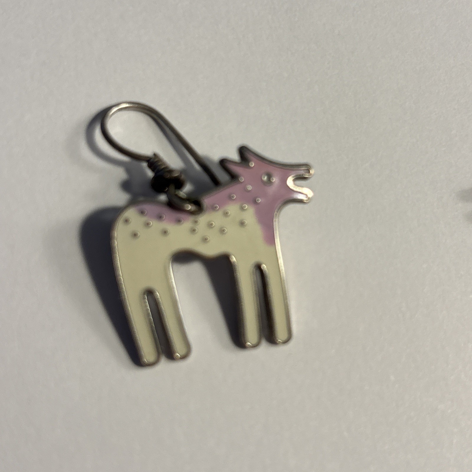 LAUREL BURCH “WILD DOG” DANGLE EARRINGS,SOFT PINK,WHITE ENAMEL, SIGNED, vintage
