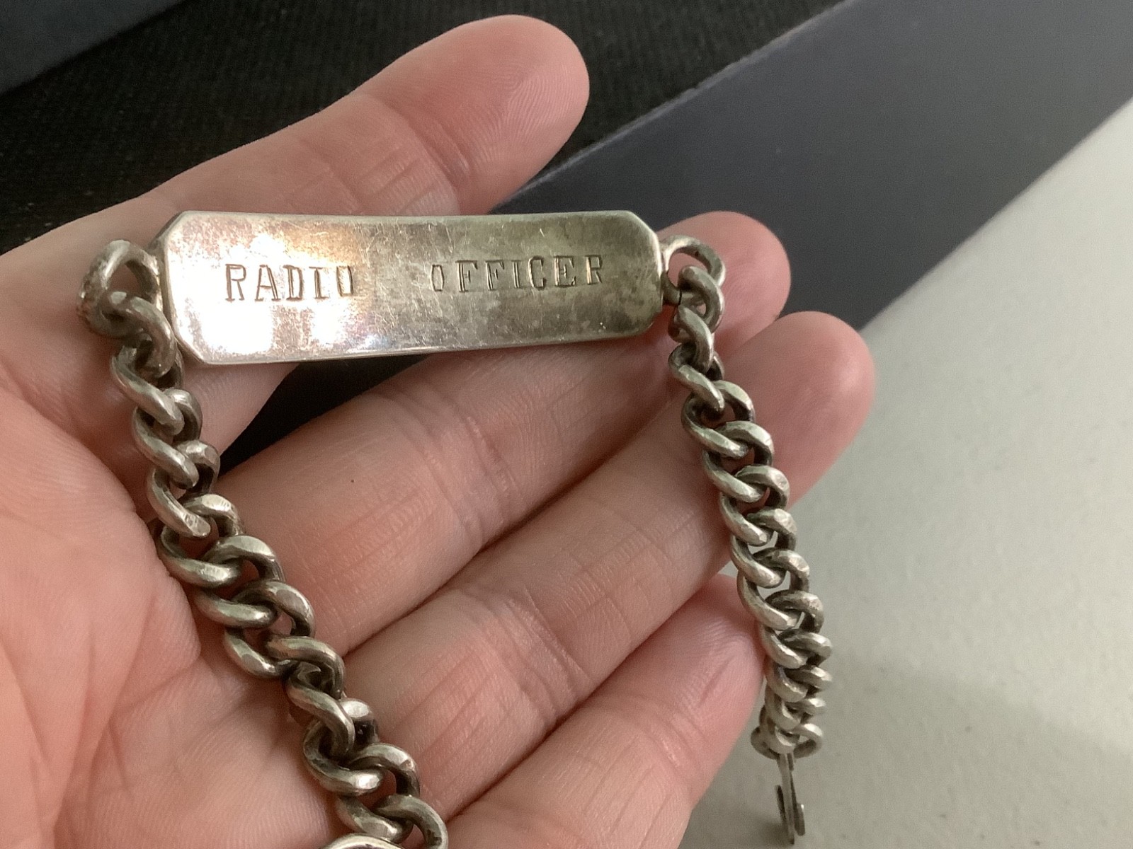 VTG Mens Heavy Sterling Silver Marine Navy Radio Officer ID bracelet 7.25″ 30g