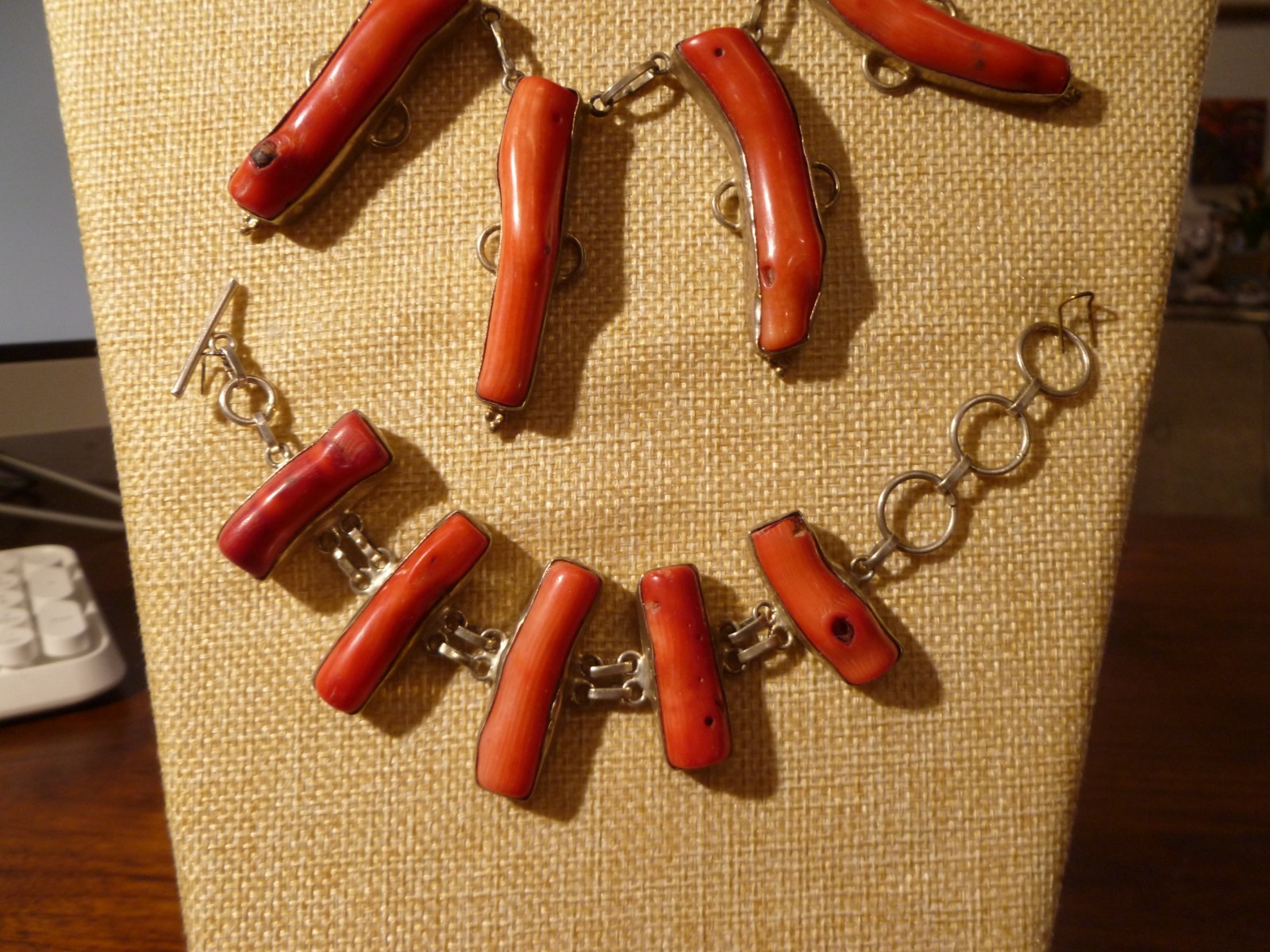 Contemporary Branch Raw Coral Necklace Bracelet Earrings Set On Sterling Silver