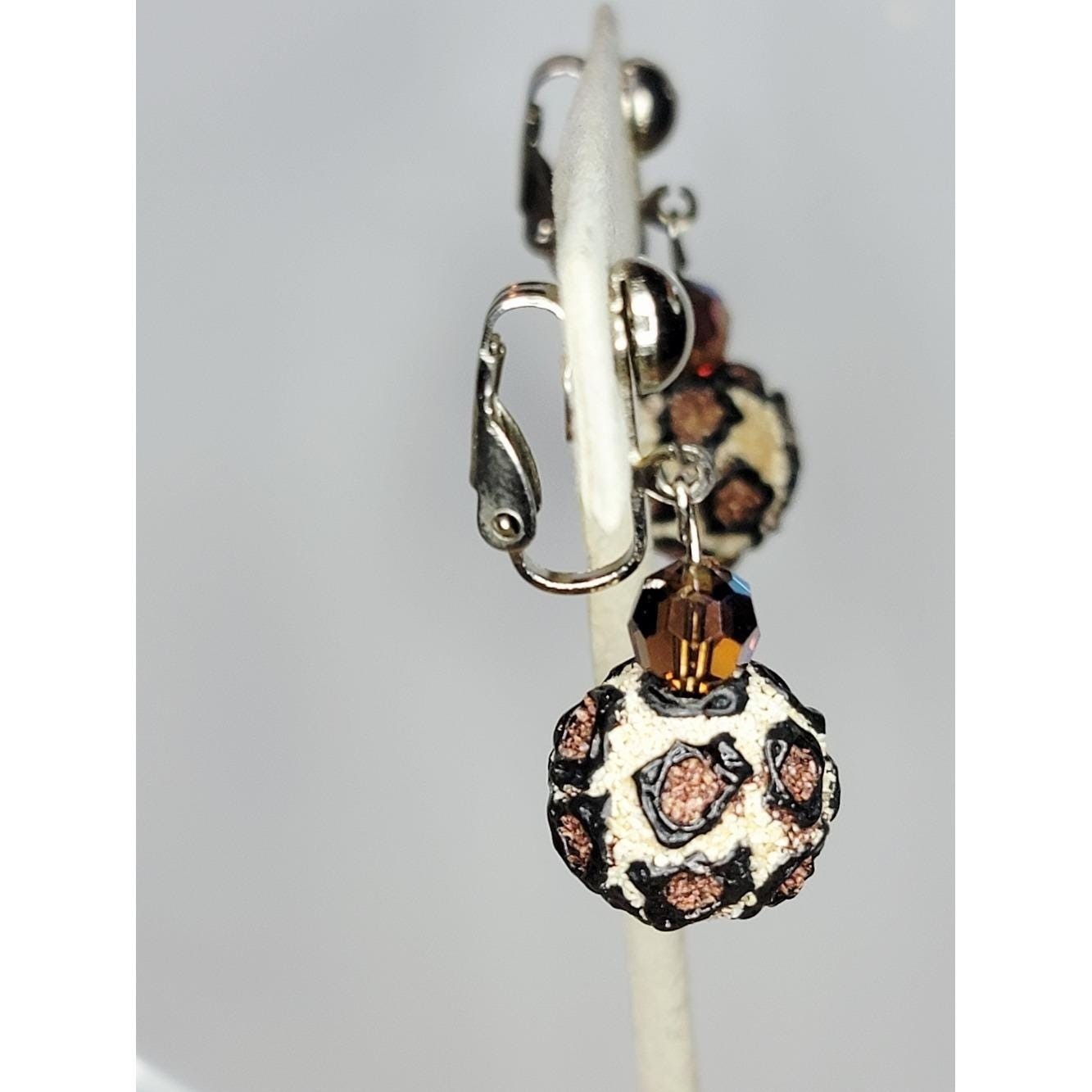 Vintage Leopard Print Clip On Earrings Brown Crystal Dangle Animal Print