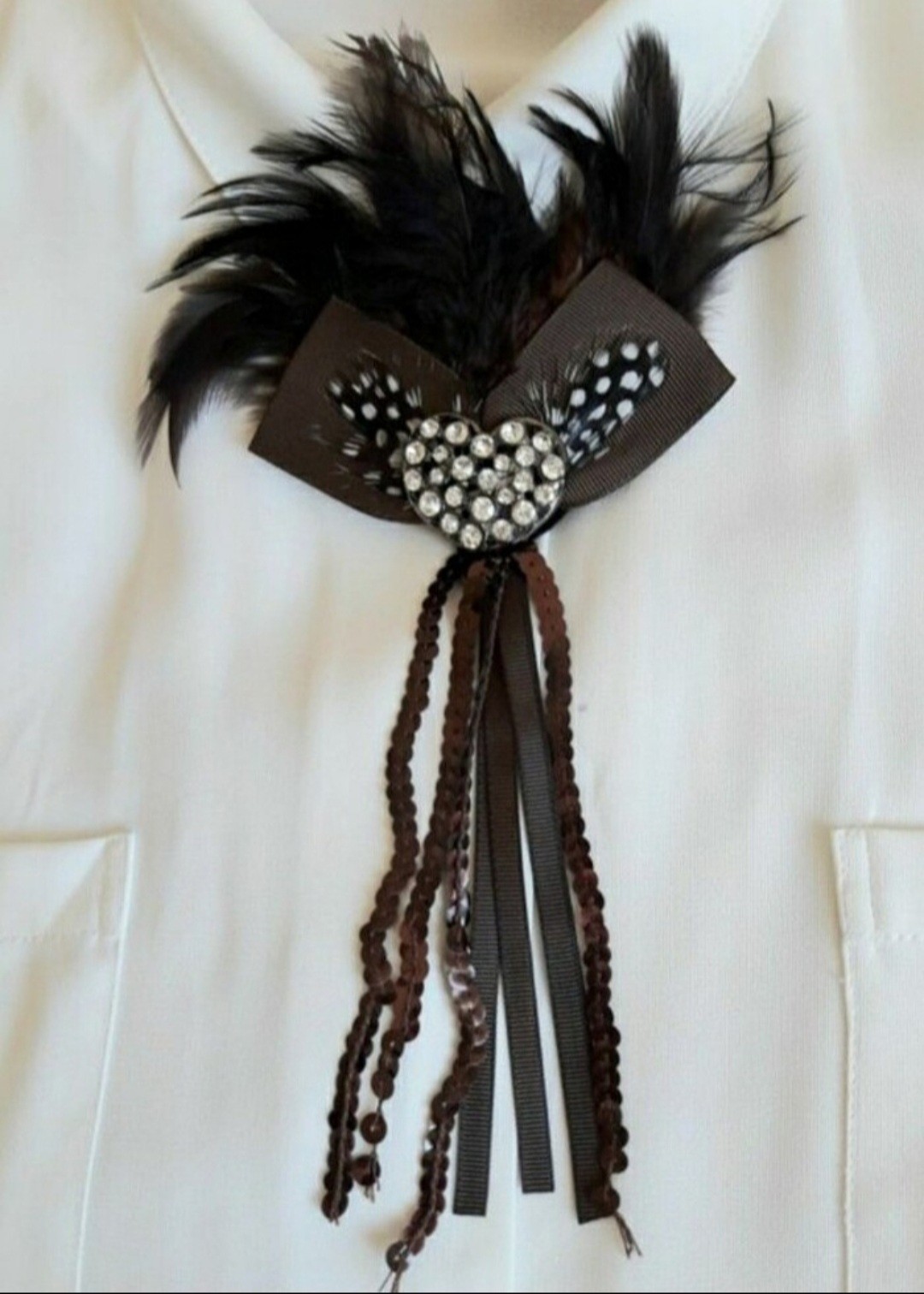Vintage Feather Rhinestone Brooch Pin Brown Ribbon Lapel Pin Women Gift