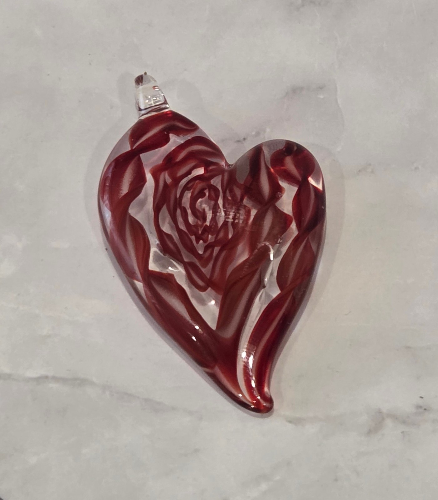 VINTAGE Handblown Art Glass Heart Pendant Charm Abstract Rose Flower Rose Red