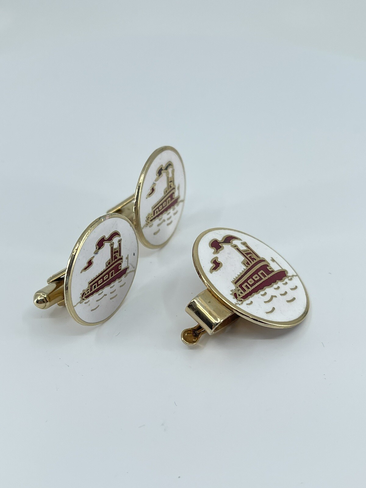 Mr Tara River boat cufflinks and tie clip set red gold white enamel 1″