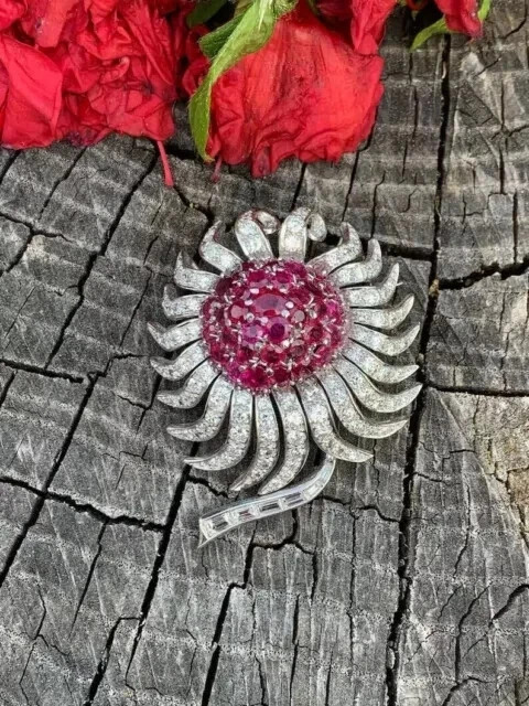 2.80Ct Round Cut Lab-Created Red Ruby Flower Brooch Pin 14K White Gold Plated
