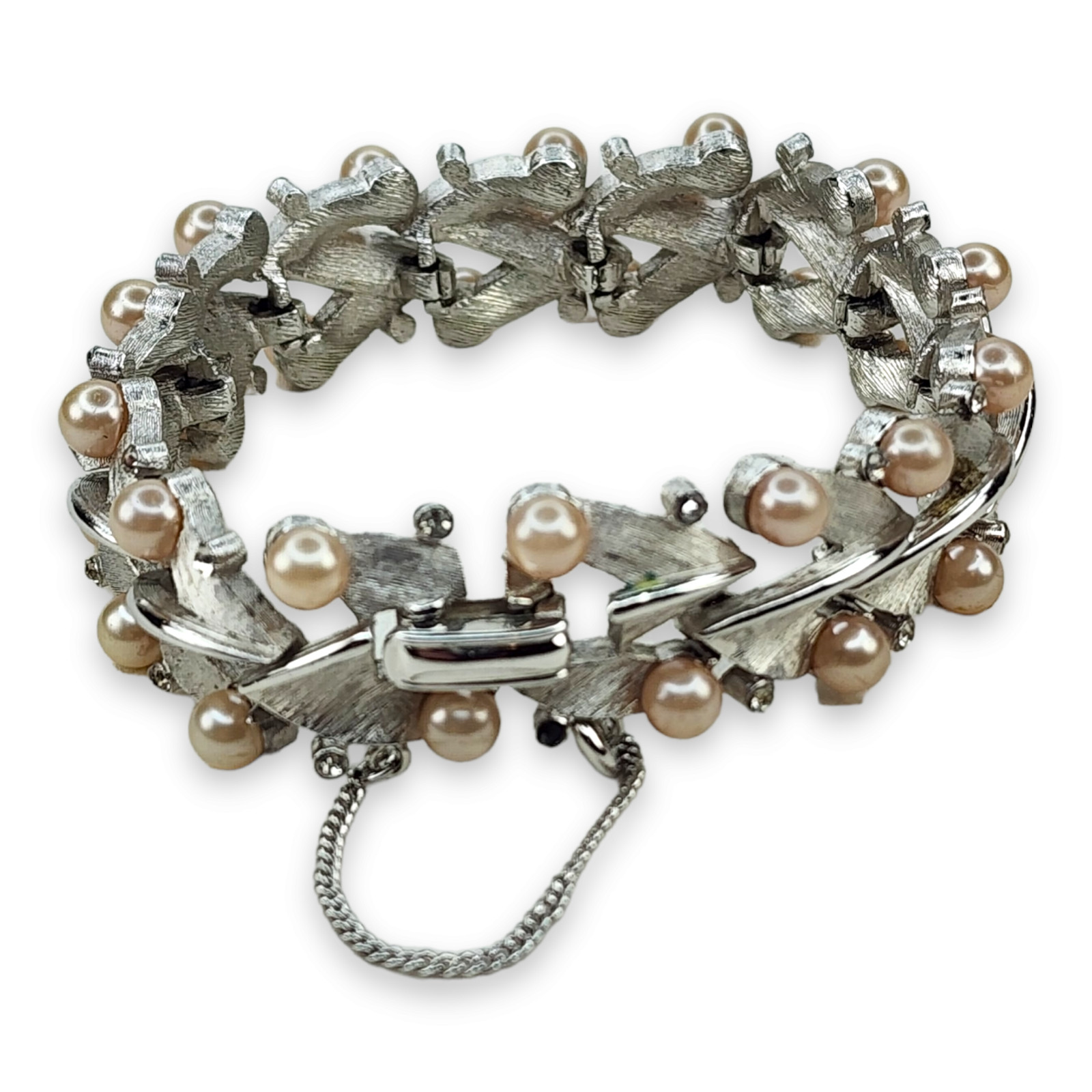 Vintage Trifari Silver Tone Clear Rhinestone Faux Pearl Links Bracelet 7.25 In