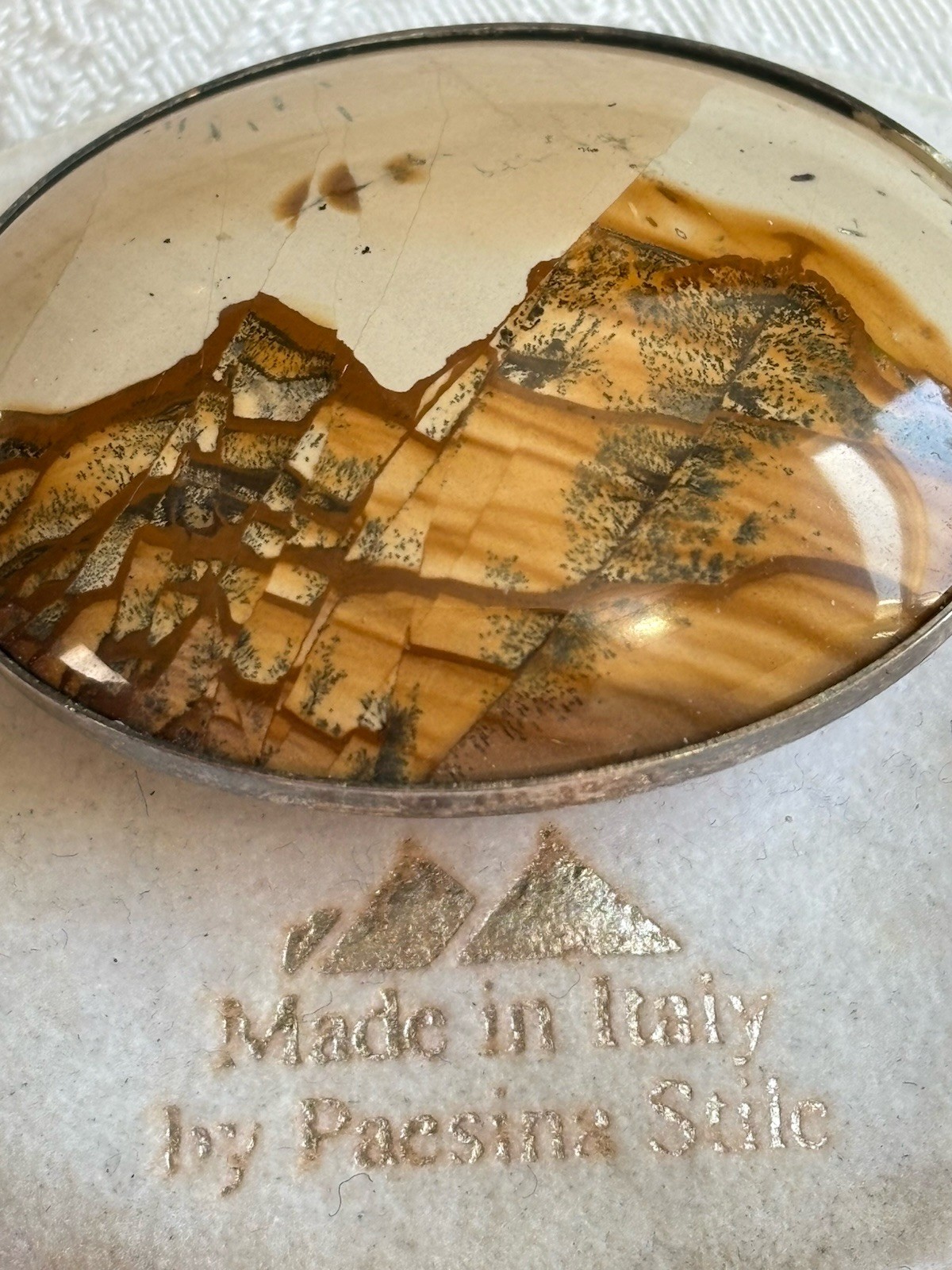 Vintage Picture Jasper Pin Landscape Brooch Tuscany Paesina Stone Italy UNUSED