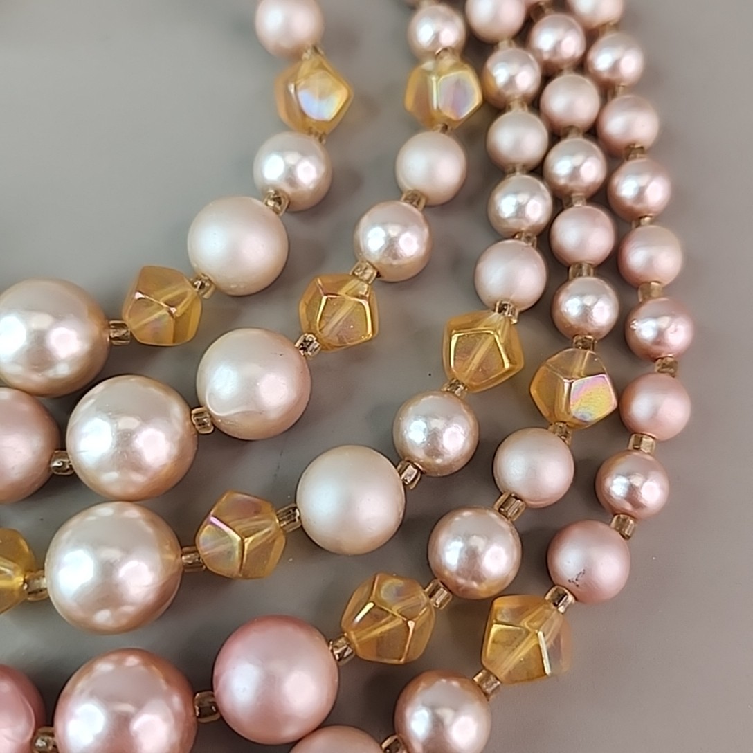 Vintage Faux Pearl Beaded Necklace Cream Pink Acrylic AB Yellow Glass Japan 16″