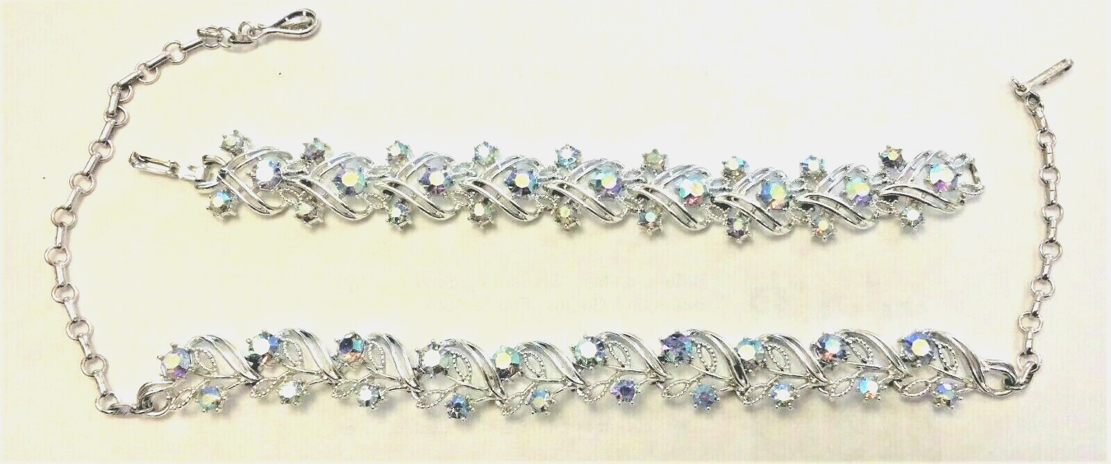 Vintage CORO Matching Set-Necklace And Wide Bracelet-Silver Tone-AB Rhinestones