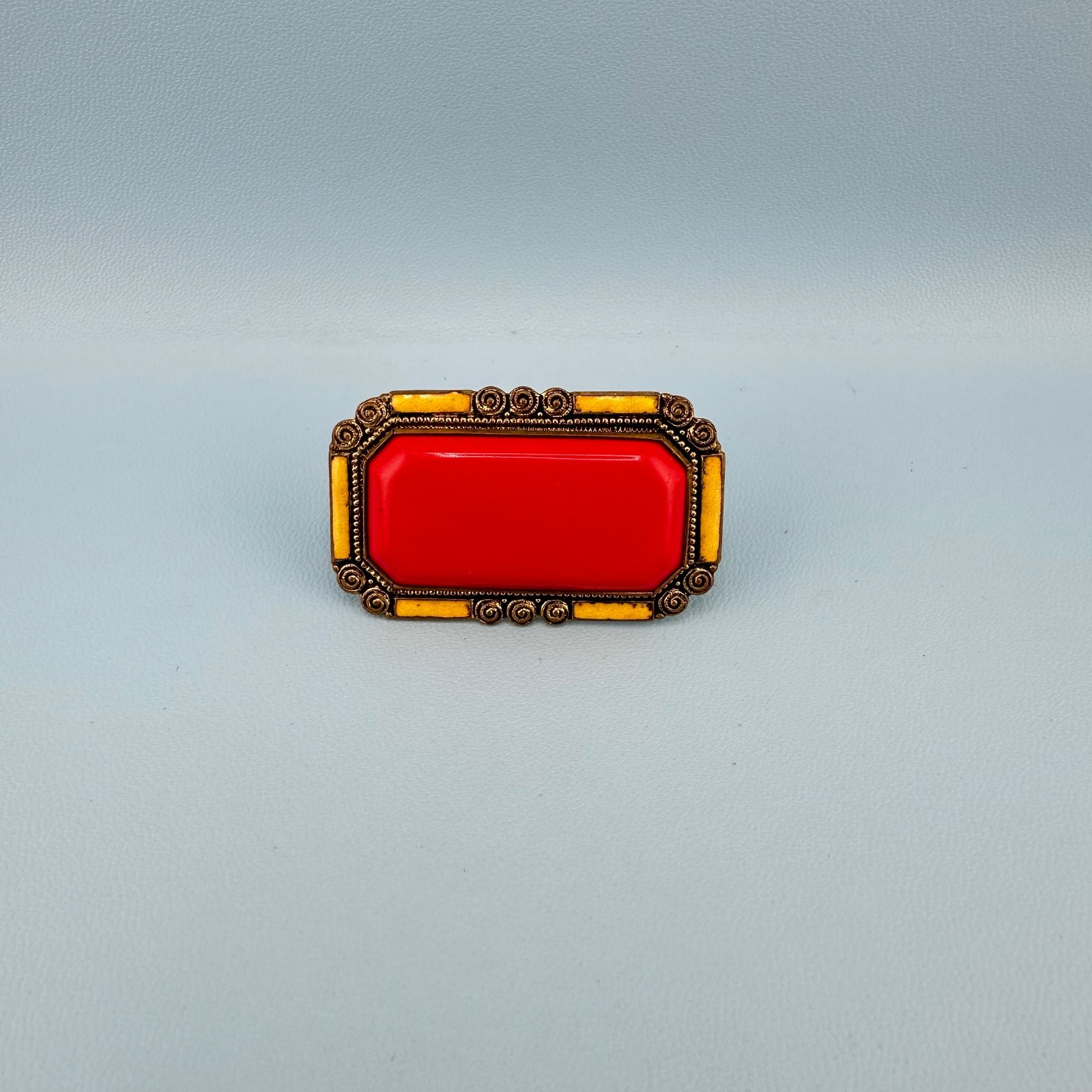 Vintage Art Deco Brooch Rectangular Red Yellow Enamel Ornate Spiral Frame
