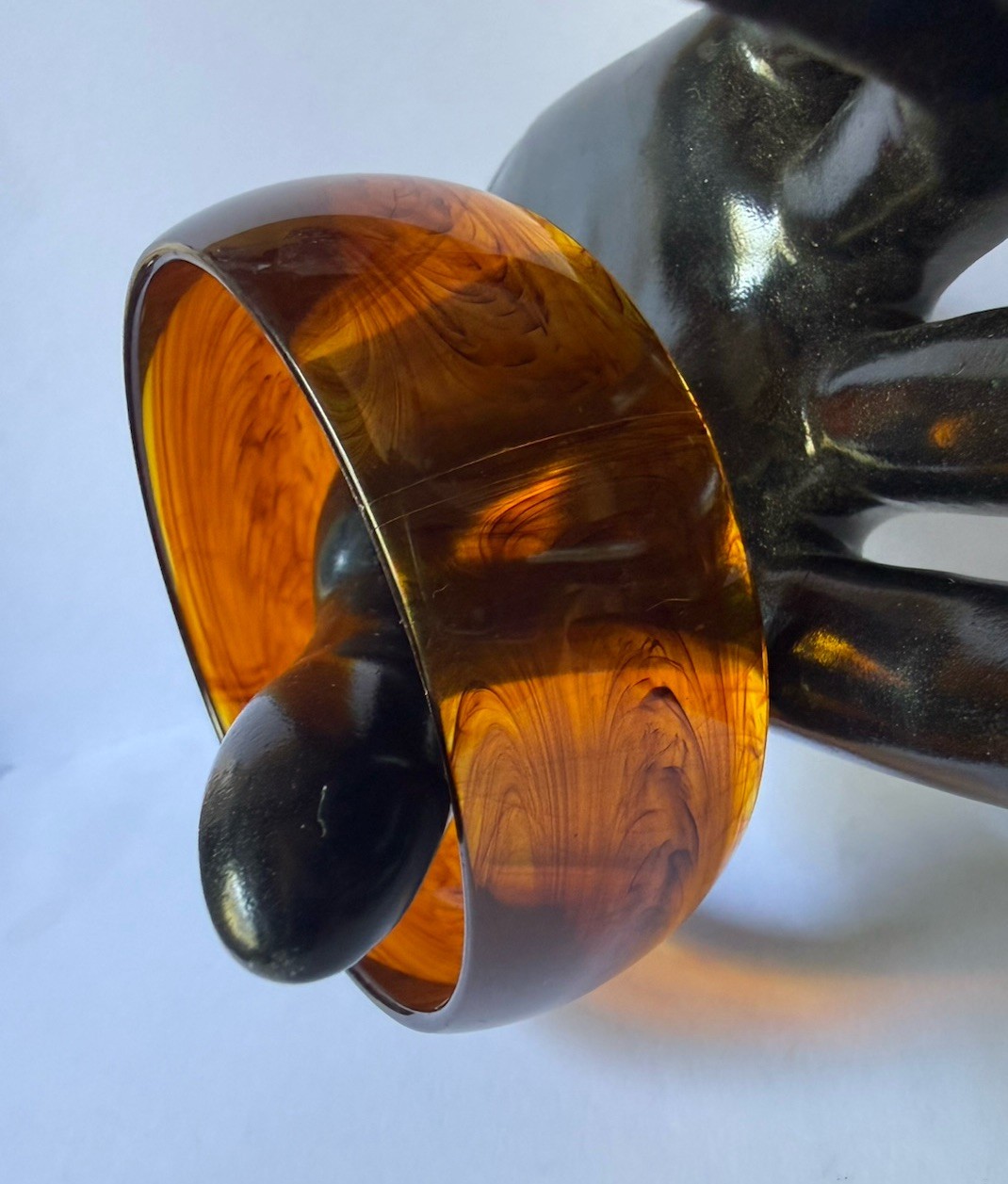 Vintage Signed Western Germany Root Beer Swirl Lucite Wide Mod Bangle Bracelet