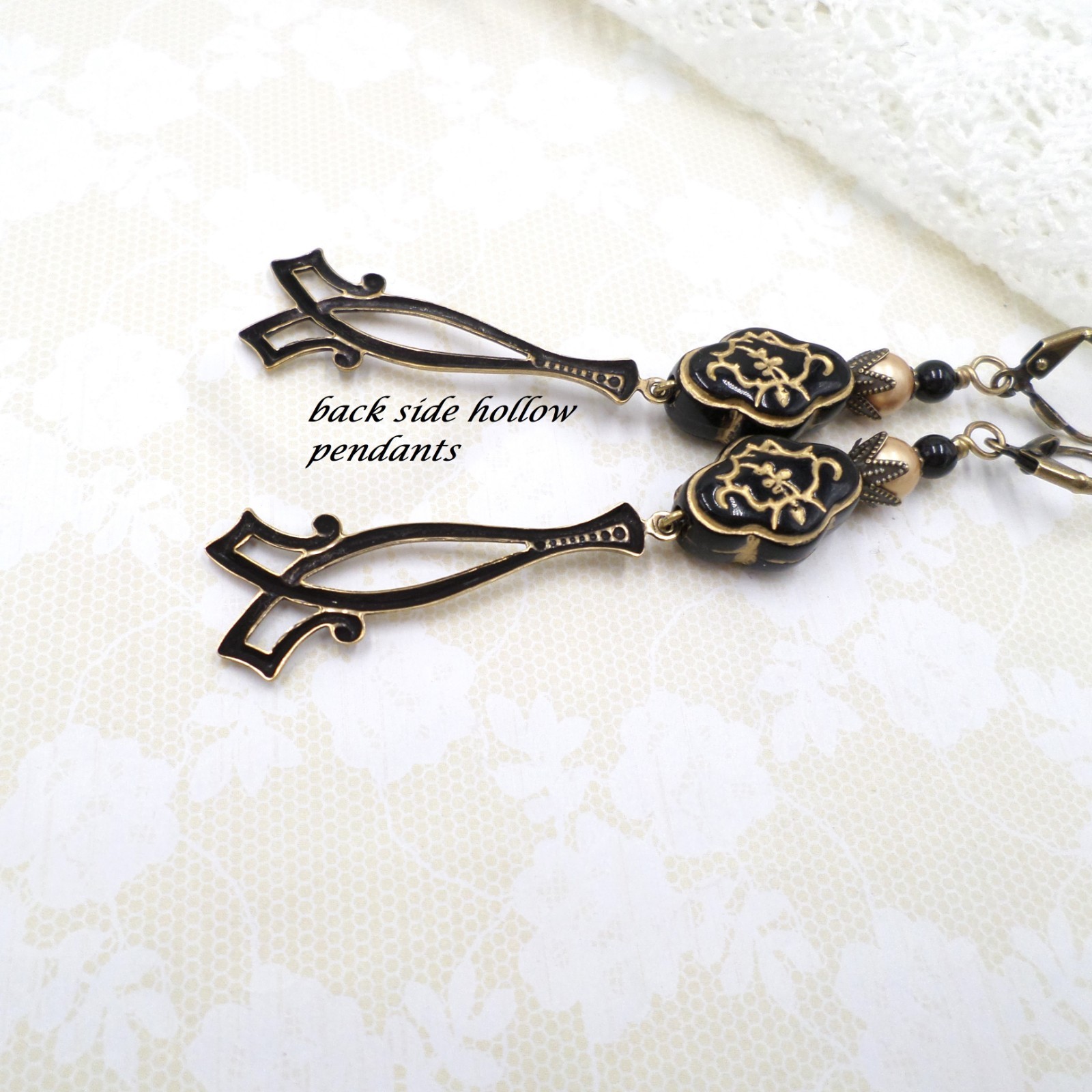 Antique Brass Dangle Earrings Black Gold Floral Acrylic Beaded Victorian Jewelry