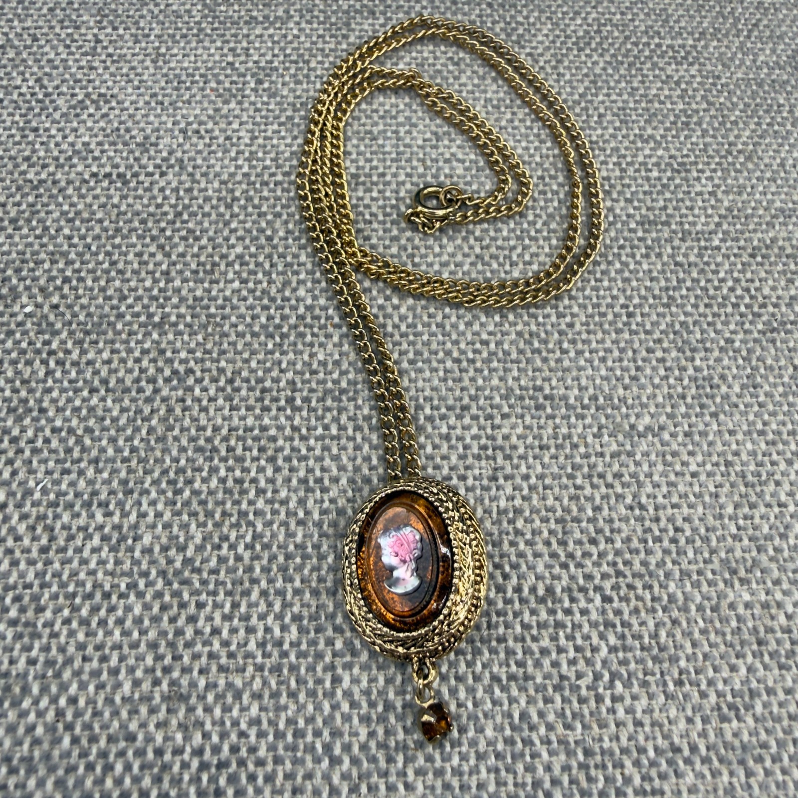 Vintage Necklace Translucent Lavender Glass Set on Brown Glass Gold Tone