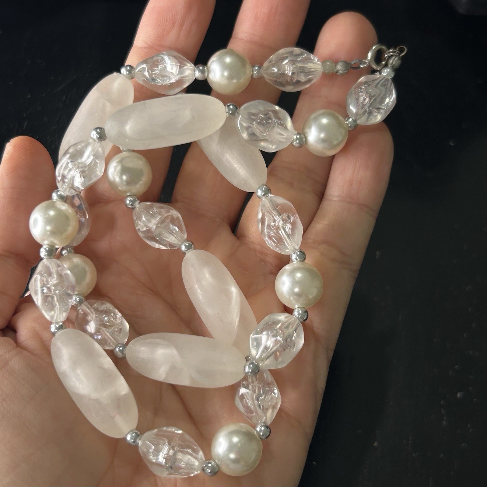 Vintage Baroque Strung Pearl Beaded Necklace with Elongated Clear Acrylic 22”