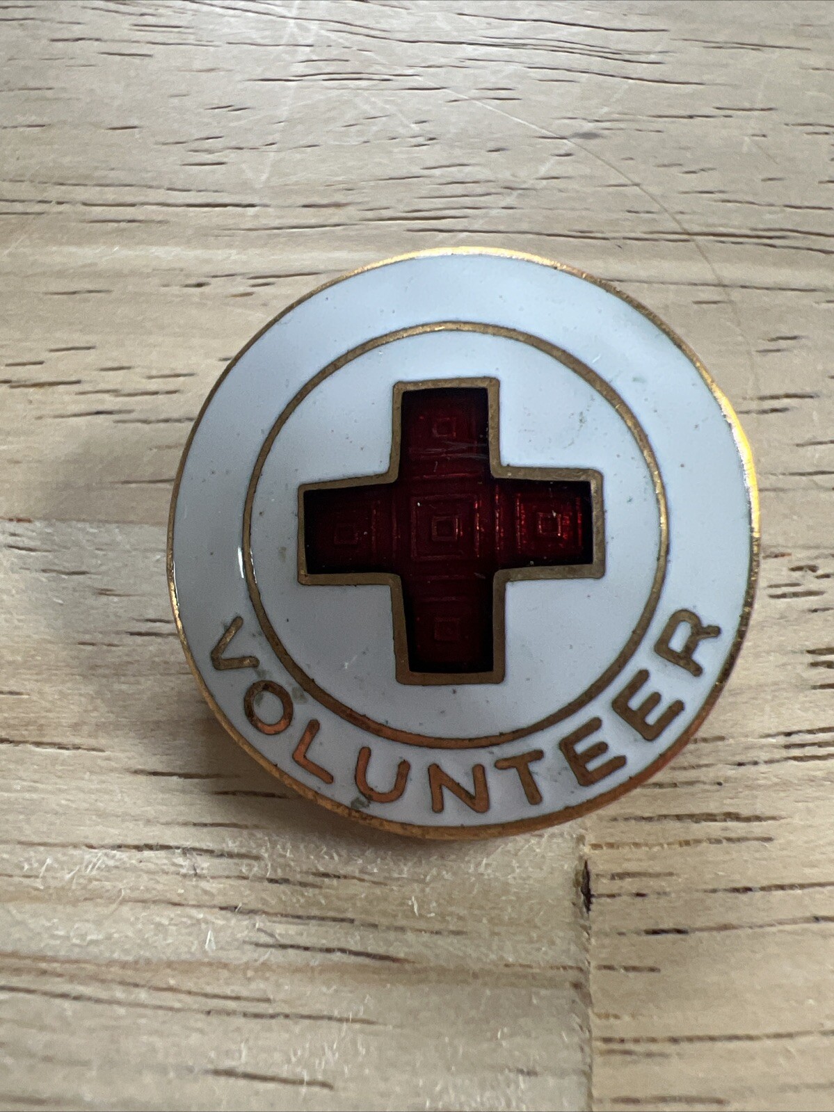 Vintage Enameled Gold Tone Metal Red Cross Volunteer Pin or Brooch