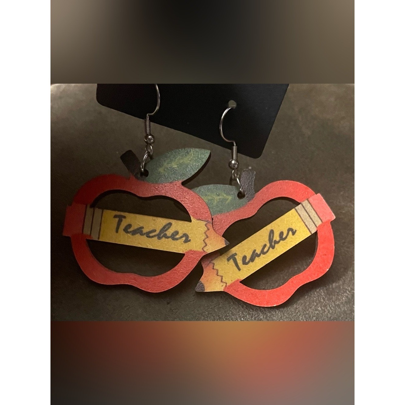 Source Unknown Red Apple ‘Teacher’ Pencil Earrings