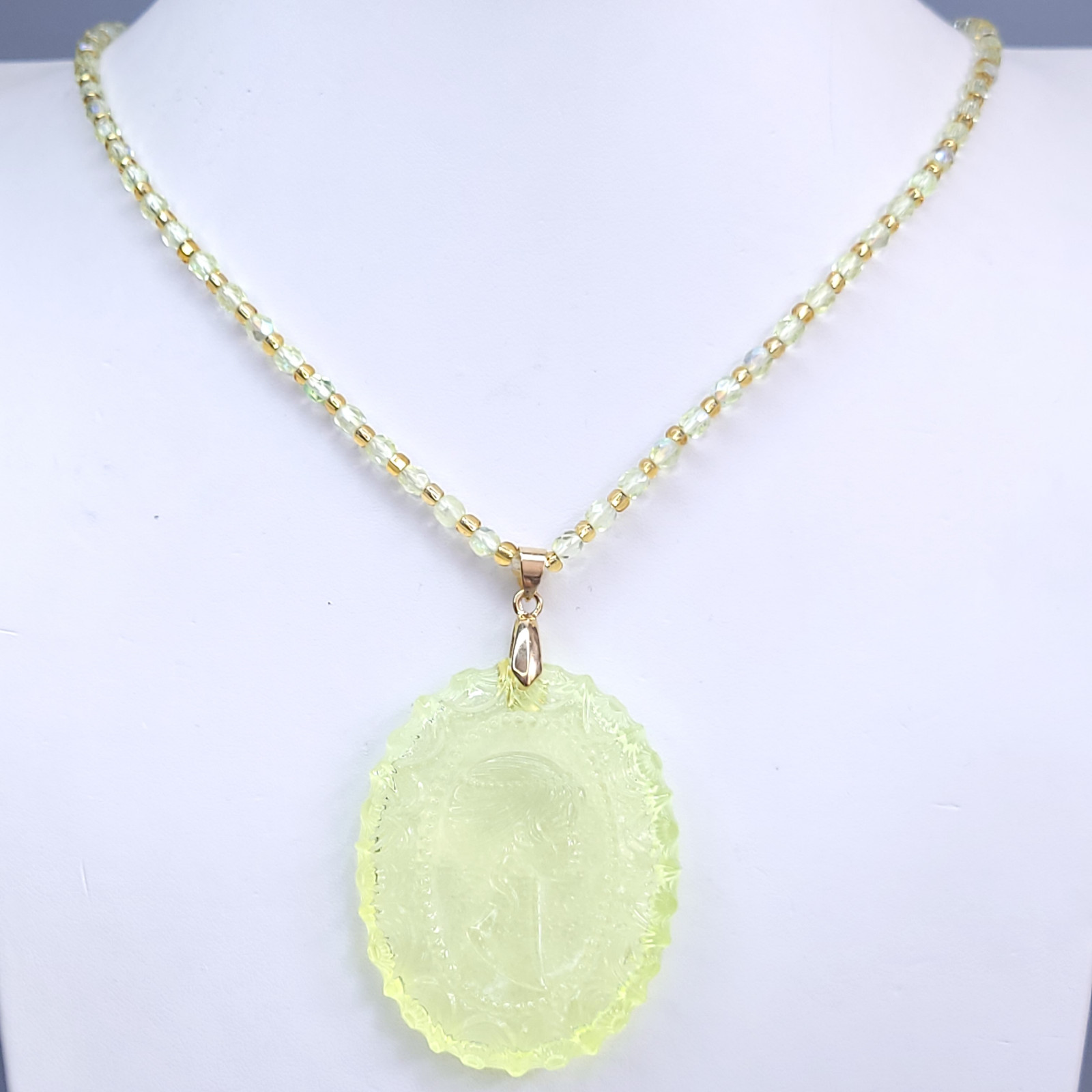 Uranium Glass Necklace 23” Cameo Pendant Vaseline Yellow Czech Beads