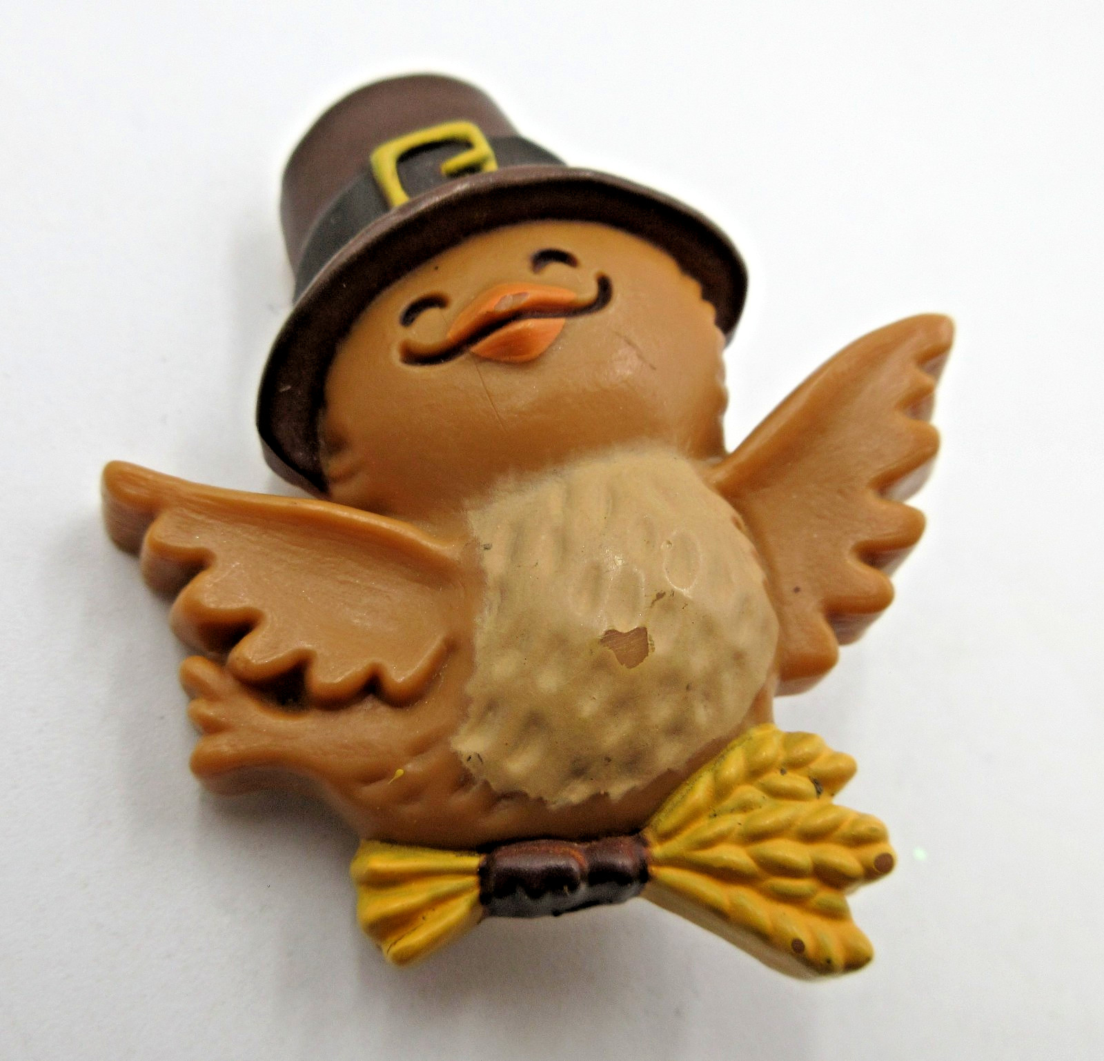 VTG 1980S HALLMARK CARDS SMILE FACE PILGRIM BIRD THANKSGIVING brown Brooch Pin