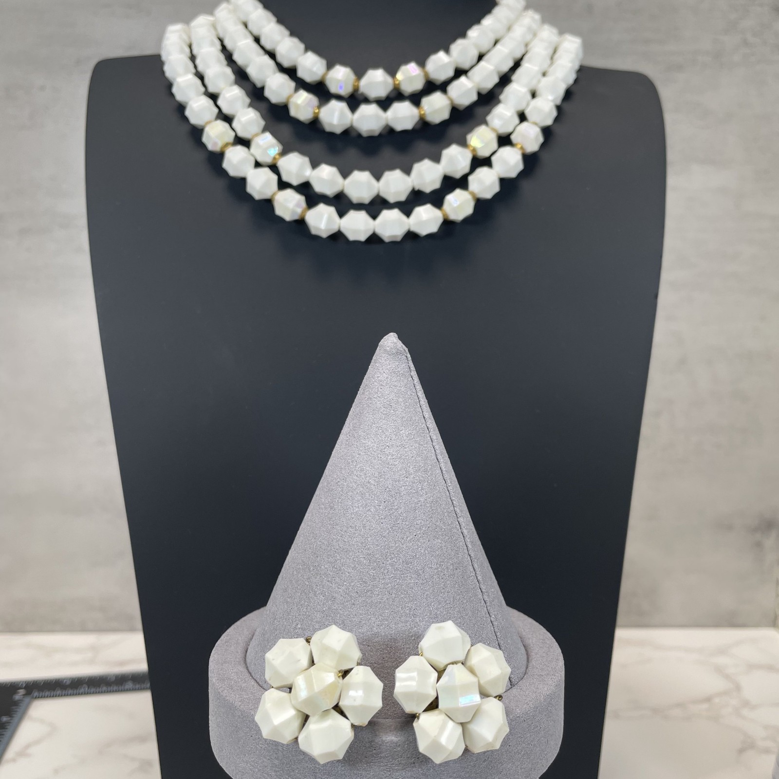 West Germany Lucite White Aurora Borealis Beads Necklace & Clip on Earrings