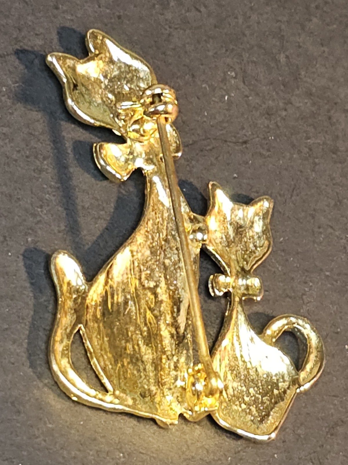Vintage Brooch Gold Silver Tone Cat Kitten Siamese Mother Baby Pin Feline Love